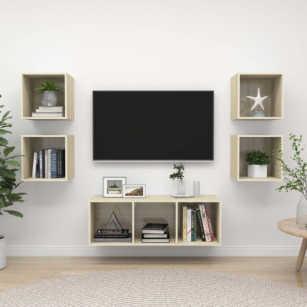 5-Piece Book and TV Cabinet Storage Set - Organizer Shelves with Cubes for Living Room, Bedroom, Office - Sturdy Chipboard Furniture for Home Organization & Media Storage