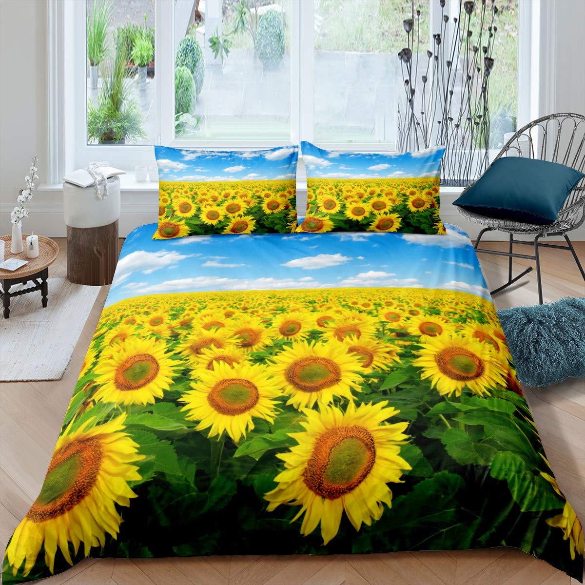 Feelyou Sunflower Bedding Set for Girls - Bright Floral Print Comforter Cover & Duvet Cover with Blossom Flowers Pattern - Twin Size Bedding Collection (2Pcs) - Chic Nature Theme Room Decor for Kids' Bedroom, Dorm & Guest Room