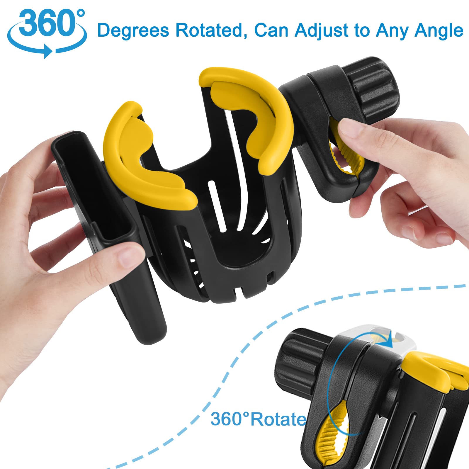 **Accmor Universal 2-in-1 Cup & Phone Holder for Strollers, Bikes, Walkers & Wheelchairs - Black & Yellow - Perfect for Parents, Cyclists & Seniors On-the-Go**