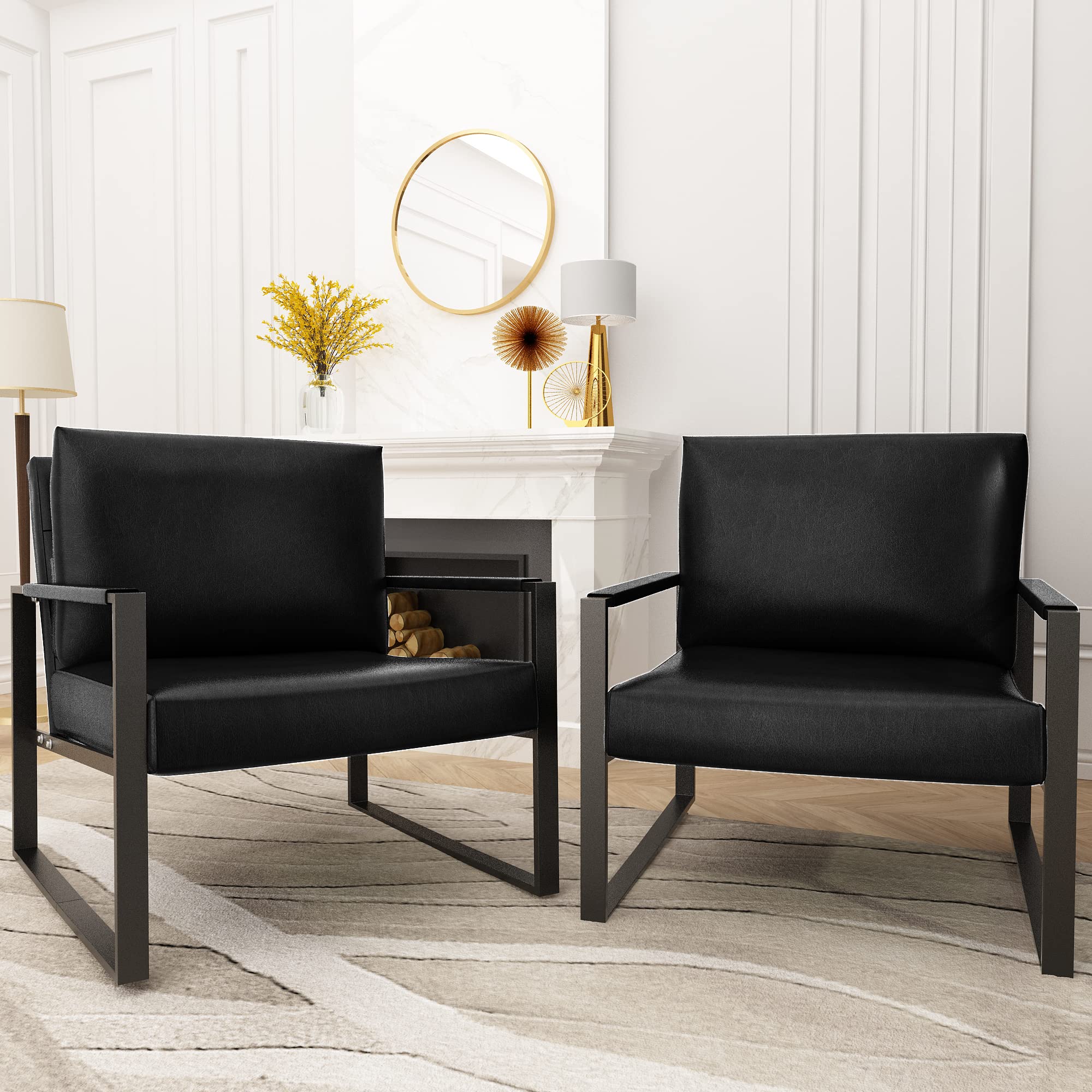 Recaceik Set of 2 Modern PU Leather Accent Chairs with Ergonomic Cushions - Sturdy Metal Frame Armchairs with Anti-Scratch Foot Pads for Living Room, Lounge, Office & Waiting Areas