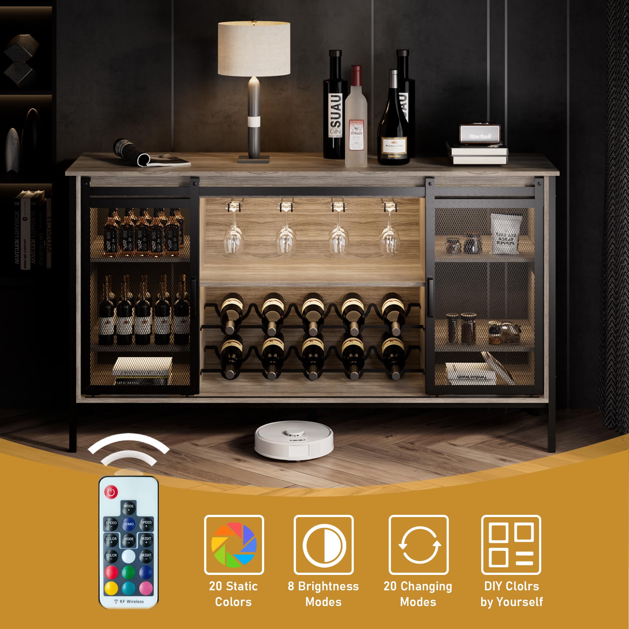 QNICE LED Industrial Wine Bar Cabinet with Sliding Barn Door - Farmhouse Sideboard Buffet Storage for Liquor, Glasses & Coffee Bar - Rustic Dark Finish for Kitchen, Dining Room & Home Bar Decor