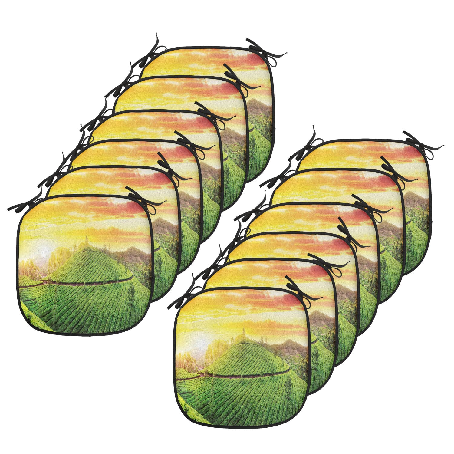Lunarable Country Chair Cushion Pads Set of 12 - Sunset Fields Scenic Valley Nature Print, Anti-Slip Kitchen & Patio Seat Cushions, 16x16 Inches, Orange & Green - Perfect for Outdoor Dining, Garden Chairs, and Cozy Home Decor