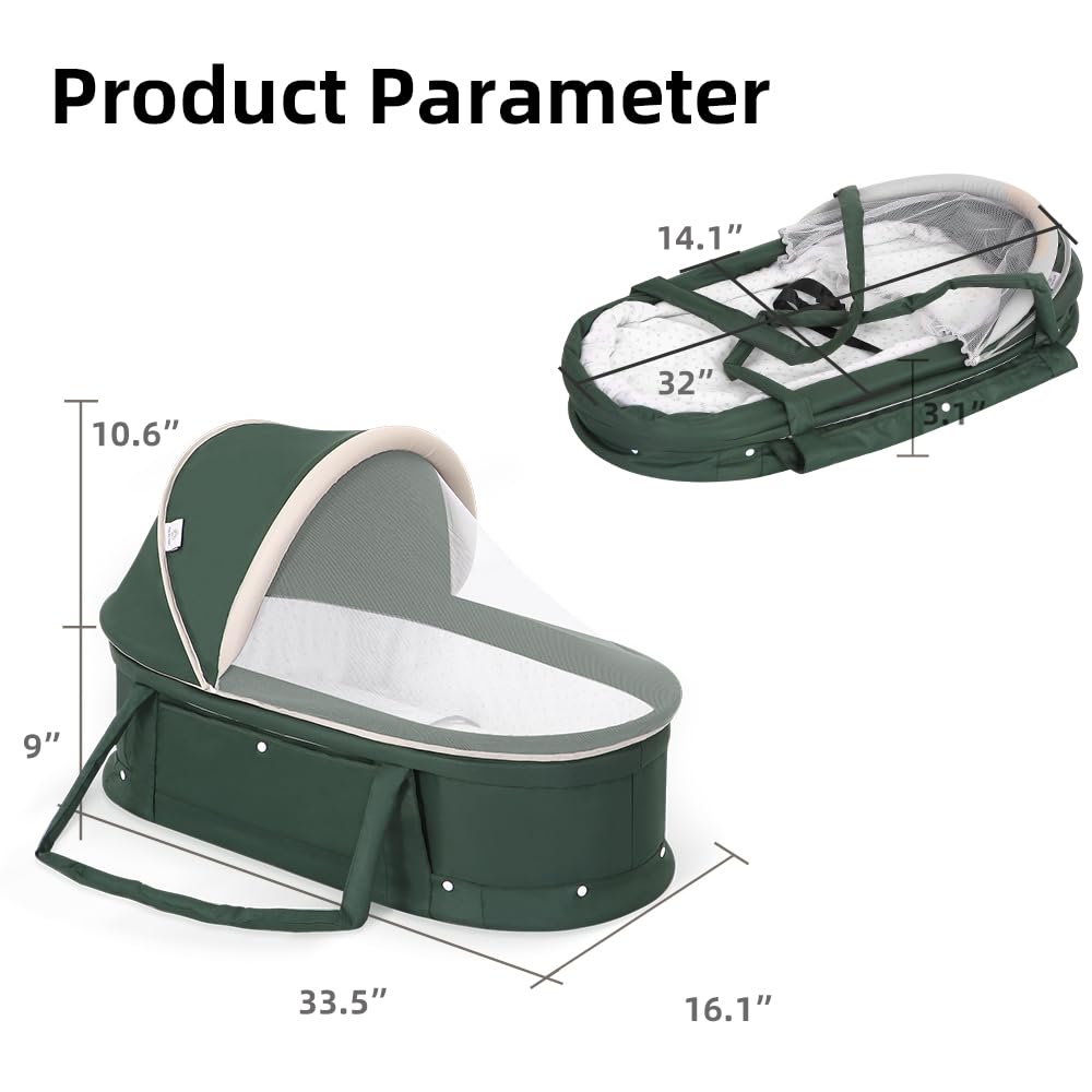 2-in-1 Portable Baby Travel Bassinet with Sunshade Cover - Foldable Newborn Sleeper Bed, Washable Dark Green Bassinet for Airplane & Car Travel | Perfect for Nursery, Camping & Family Trips