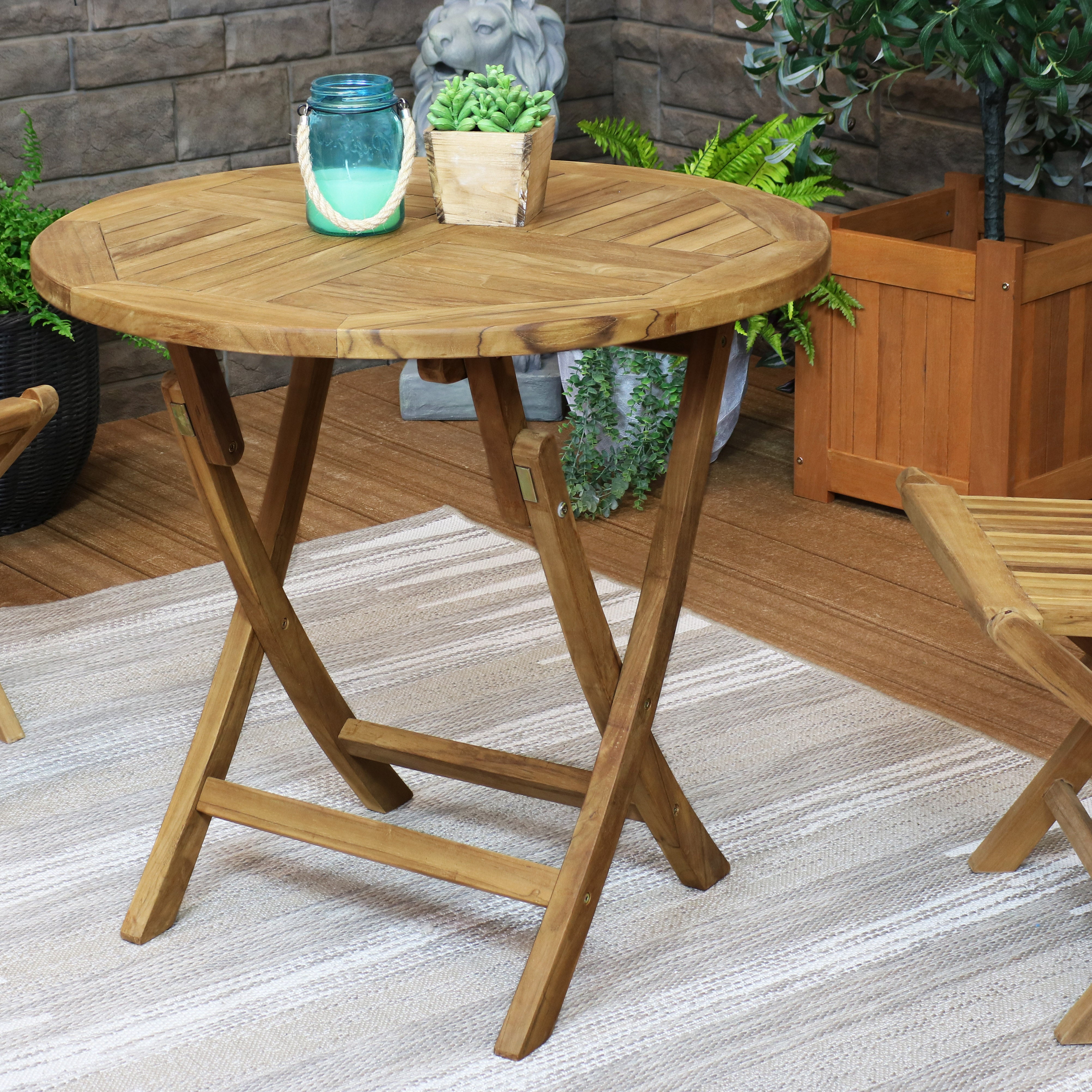 Premium Teak Wood Round Folding Table - Outdoor Patio Dining & Garden Furniture for Backyard, Poolside & Camping
