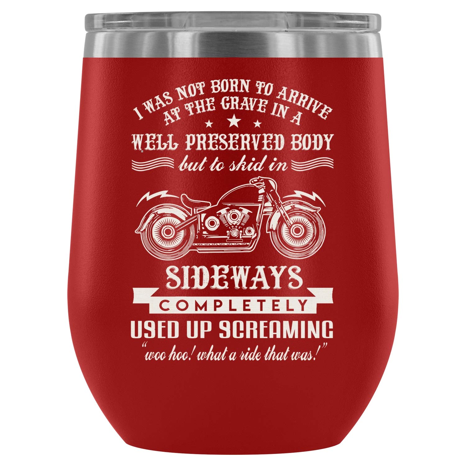 Stainless Steel Stemless Wine Tumbler - 12oz Vacuum Insulated Motorcycle Themed Wine Glass with Lid - Perfect for Outdoor Adventures, Camping & Biker Parties (Red)