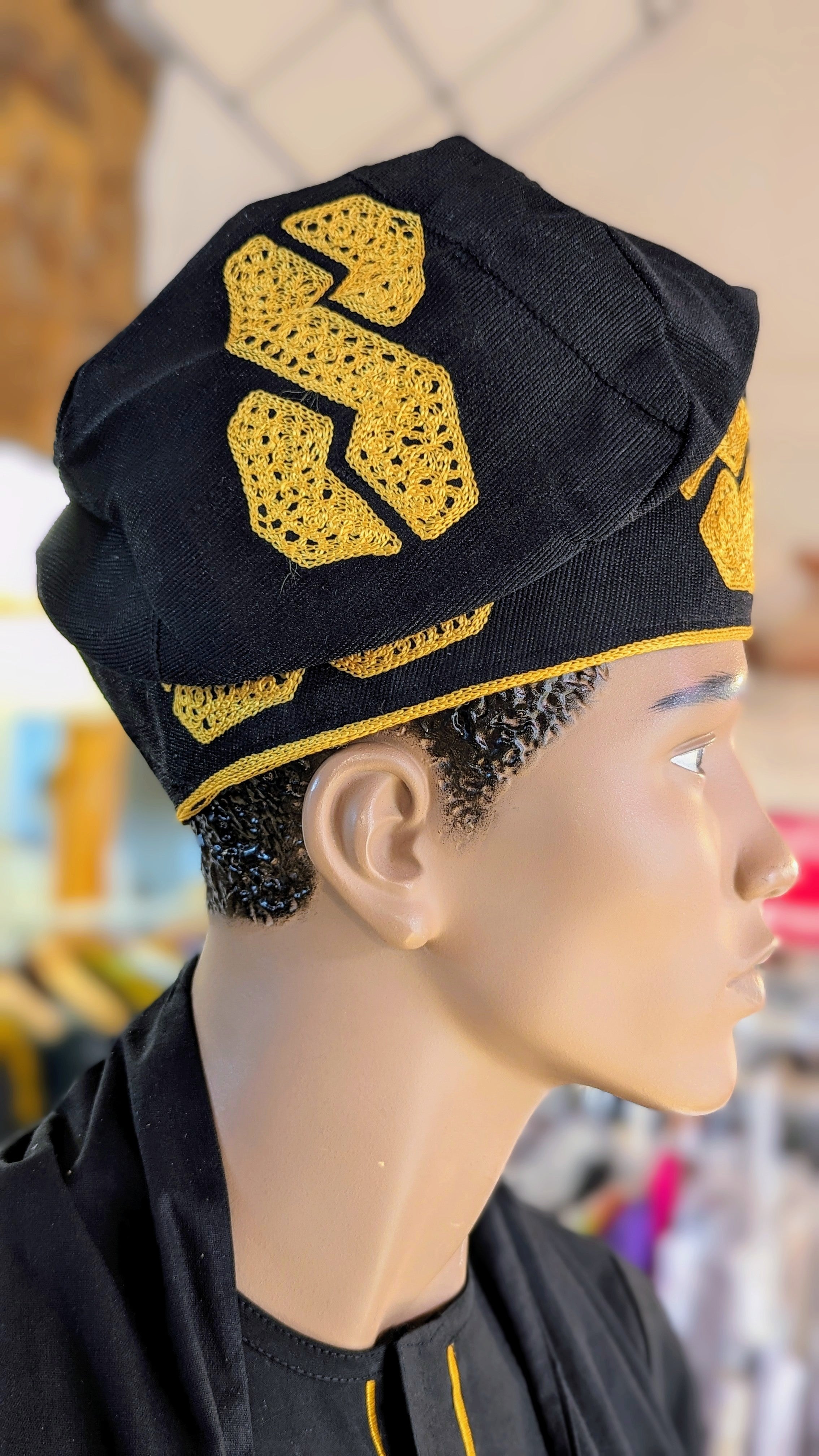 Dupsie's Akoko Black and Gold Embroidered Fila Kufi Hat for Men - Islamic Prayer Cap, Eid Gift, African Cultural Headwear - Perfect for Religious Ceremonies, Weddings, and Special Occasions