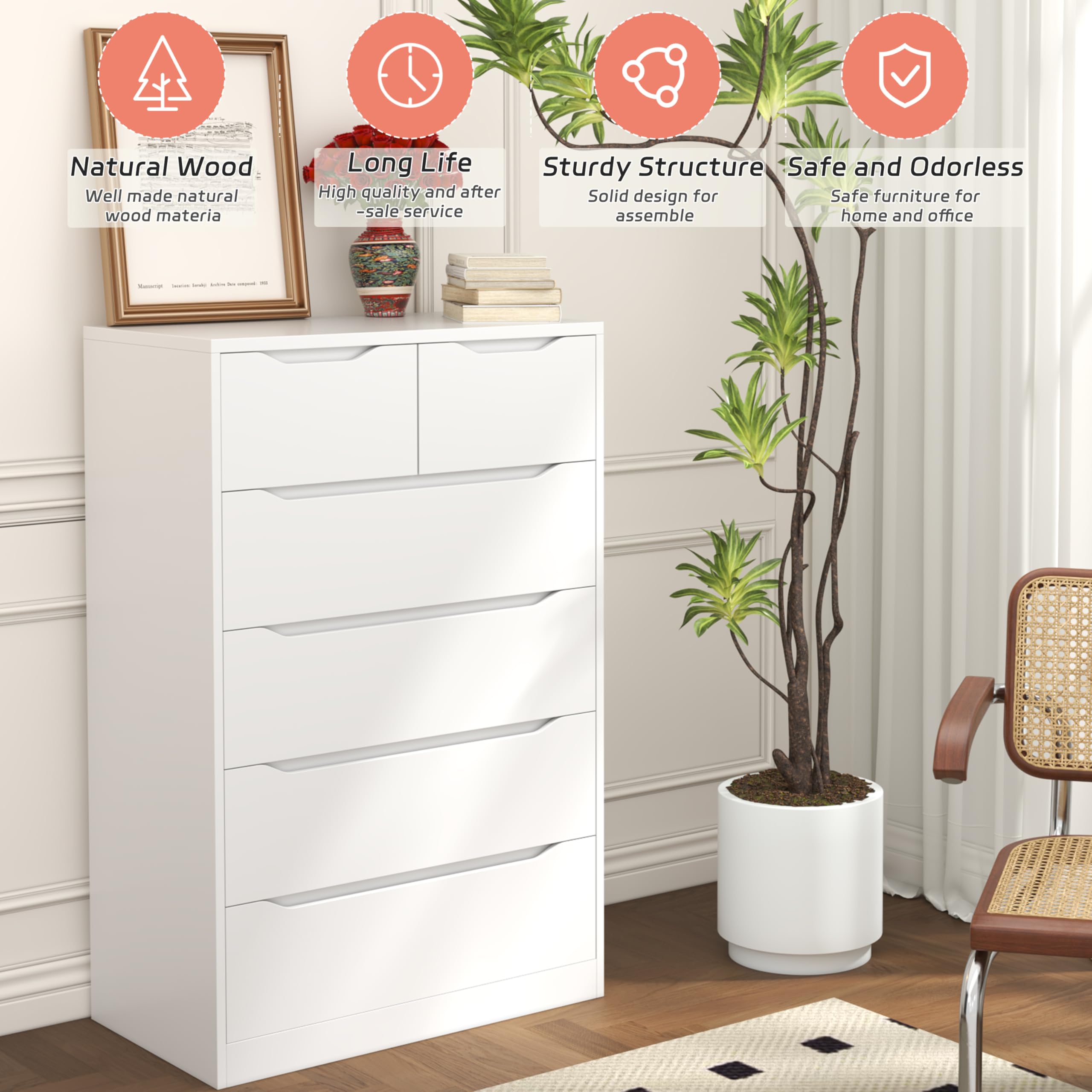 Modern White 6-Drawer Dresser for Bedroom - Tall Chest of Drawers with Large Storage Space - Perfect for Bedroom, Corridor & Living Room - 27.5