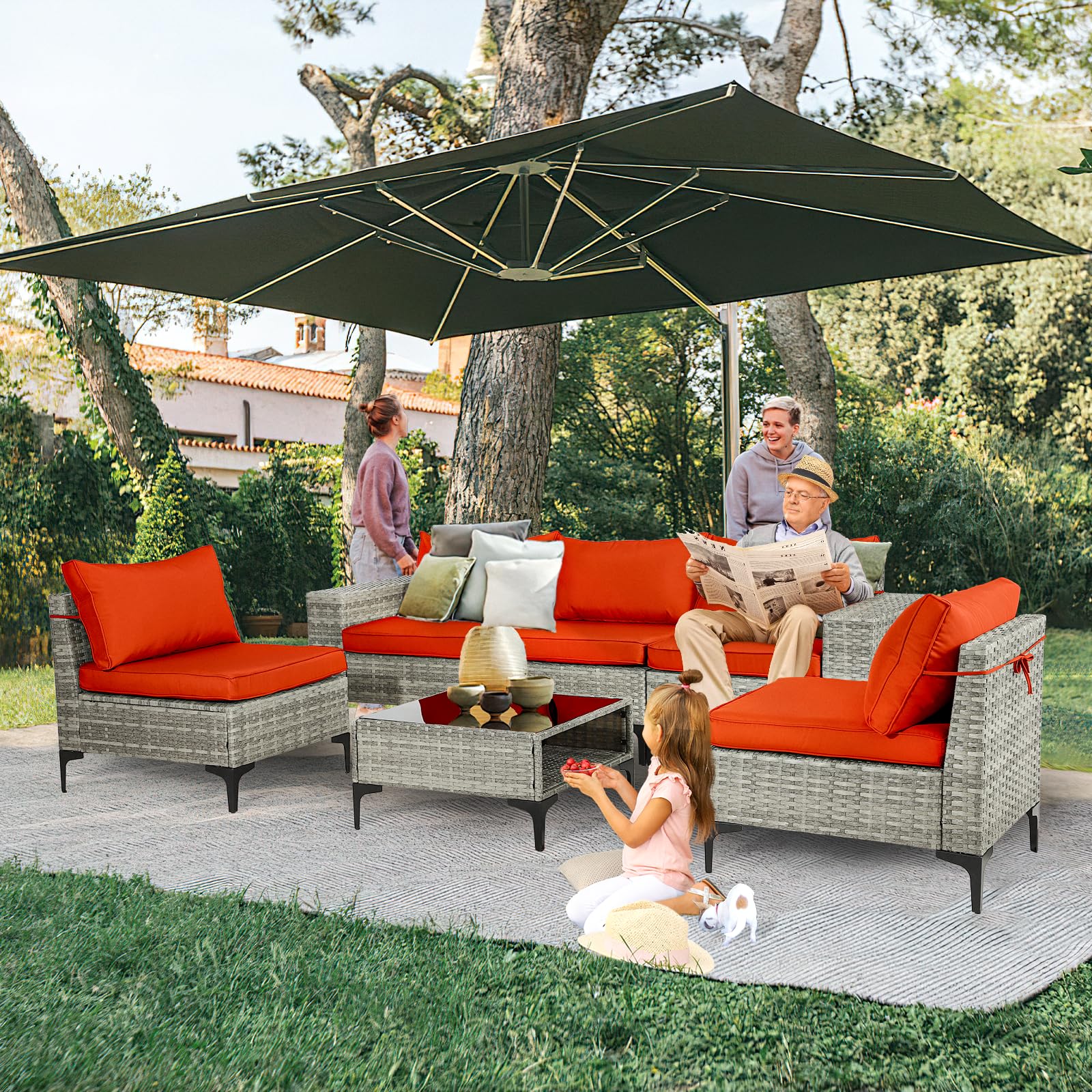 6-Piece Outdoor Sectional Sofa Set - All-Weather PE Rattan Wicker Patio Furniture with Thick Cushions for Poolside, Garden, Backyard - Orange | Perfect for Outdoor Entertaining, Lounging & Relaxation