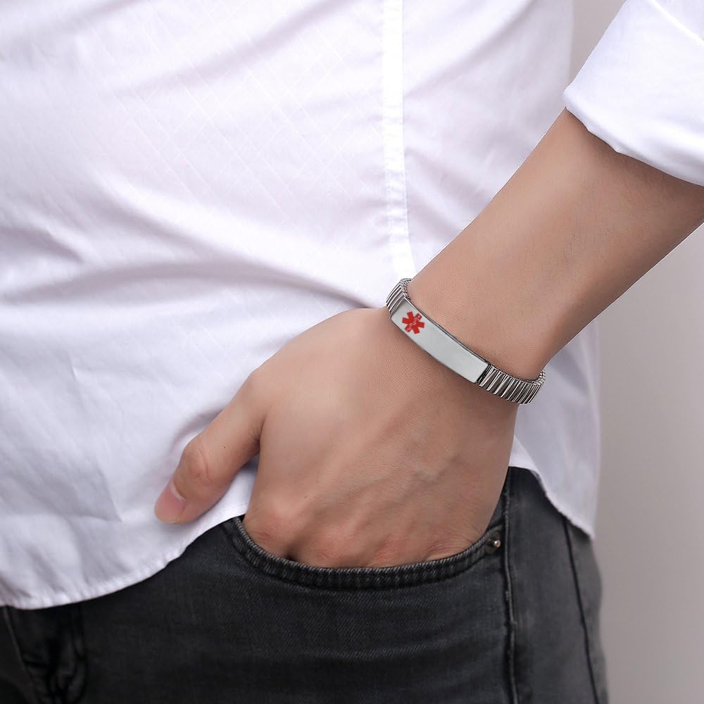 Elastic Medical Alert Bracelets for Women & Men - Free Engraving, Stainless Steel Medical ID Bracelets - Perfect for Emergency Health Identification & Daily Wear