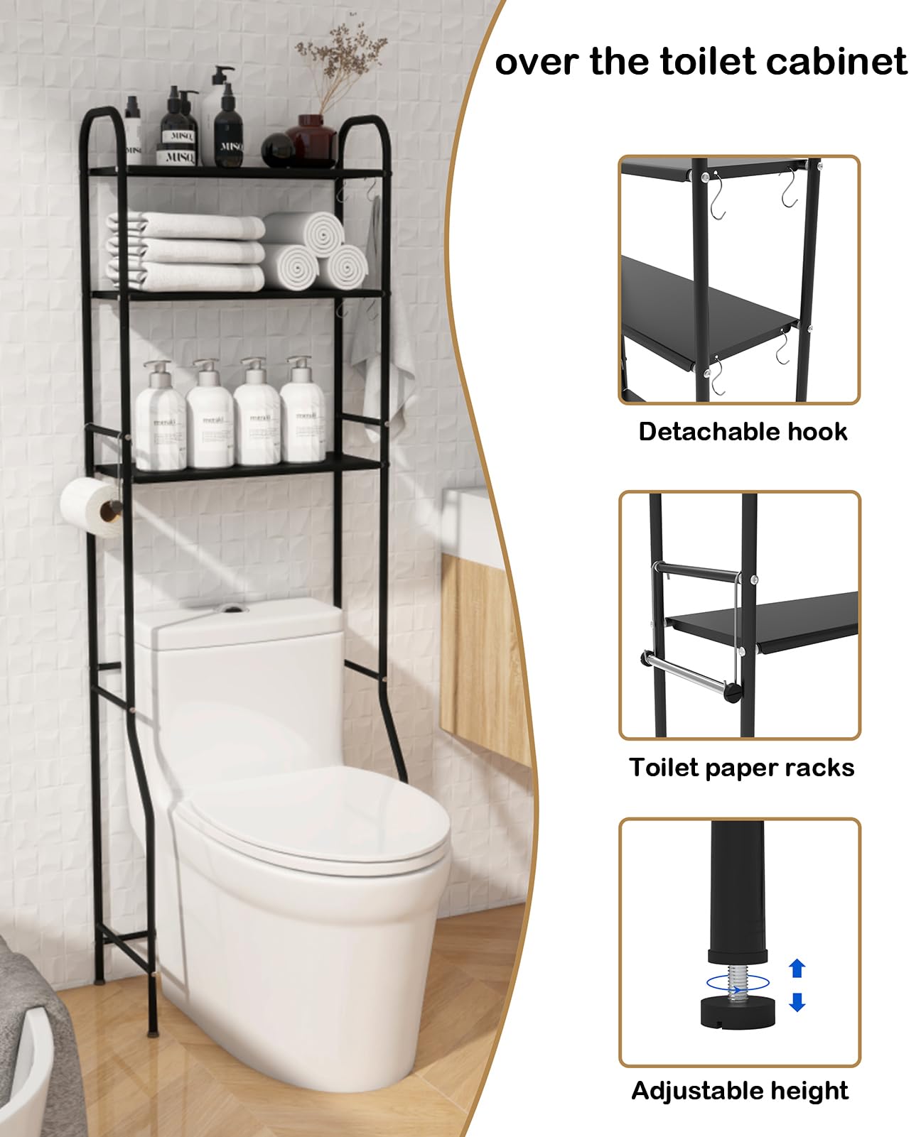 3-Tier Over The Toilet Storage Shelf - Adjustable Height Bathroom Organizer with Paper Holder & 4 Hooks | Space-Saving Metal Rack for Towels,Toiletries & Decor | Perfect for Small Bathrooms,Apartment Living & Guest Bath Organization