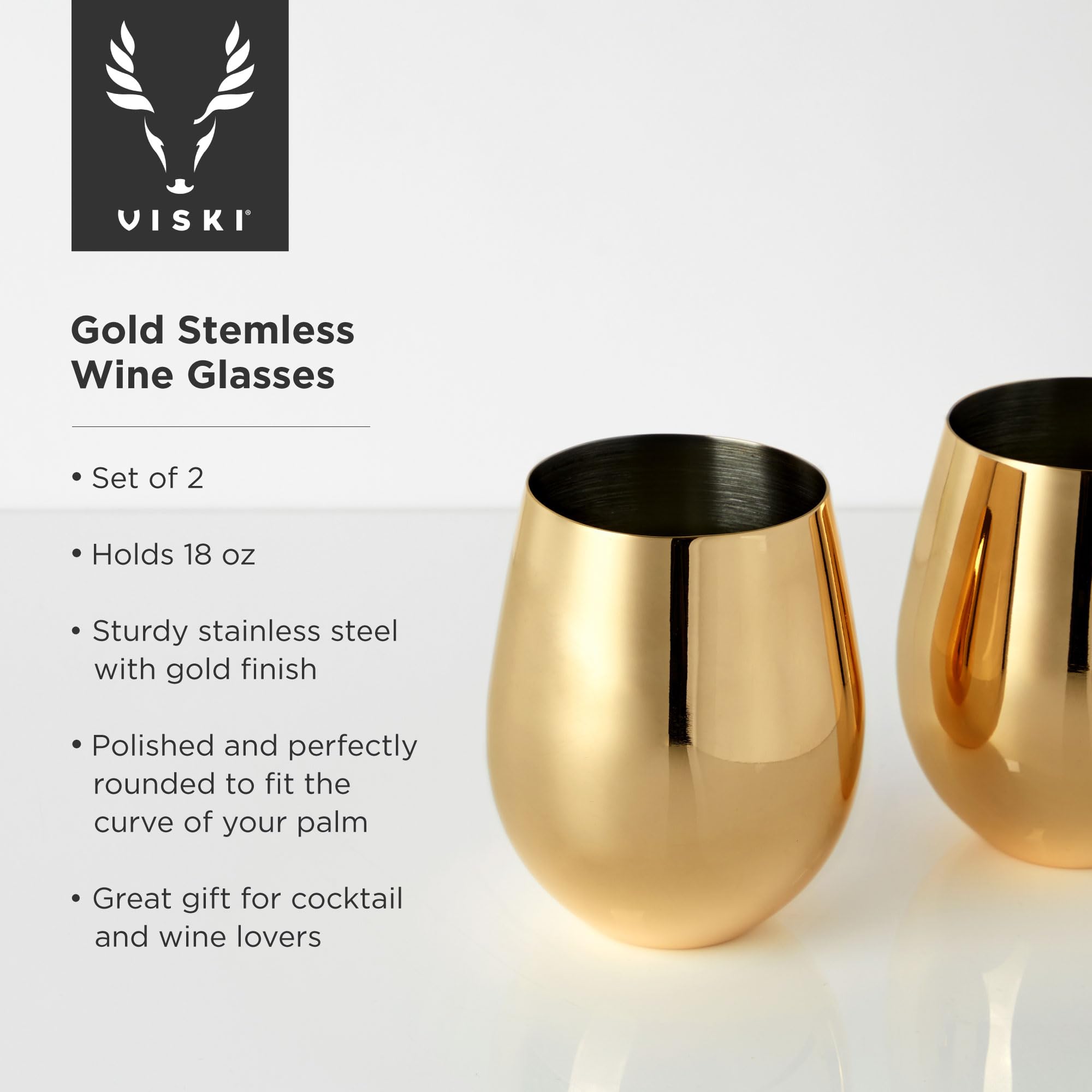 Viski Gold Stemless Wine Glasses Set of 2 - Elegant Belmont Crystal-Free Tumbler for Red Wine, White Wine & Cocktails - Perfect for Dinner Parties, Weddings & Home Entertaining