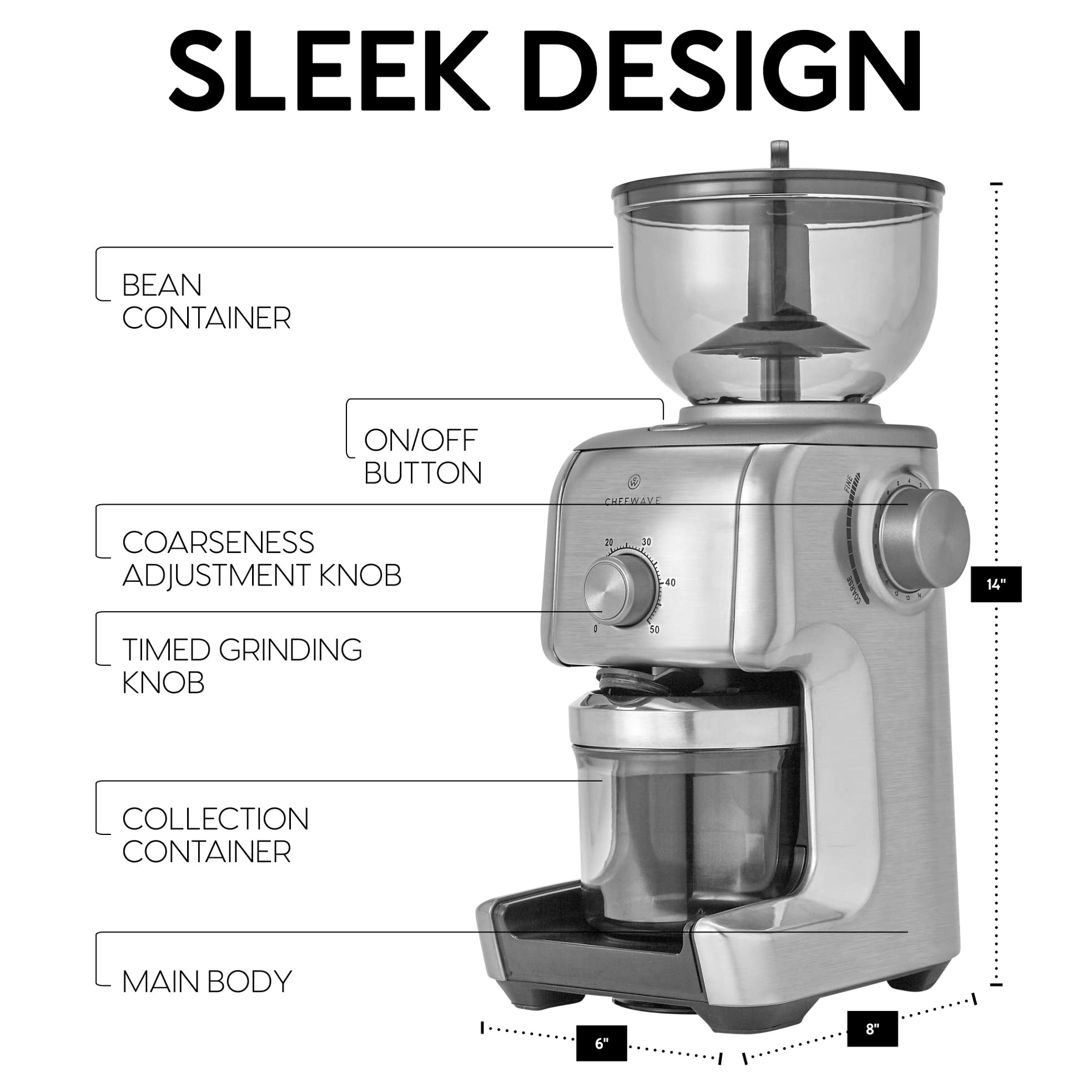 Premium Electric Coffee Grinder - ChefWave Conical Burr Grinder with 16 Adjustable Settings, Die-Cast Aluminum Body - Includes Scoop & Cleaning Brush - Perfect for French Press, Espresso & Drip Coffee - Brews 2-10 Cups - Ideal for Home Kitchens & Coffee Shops