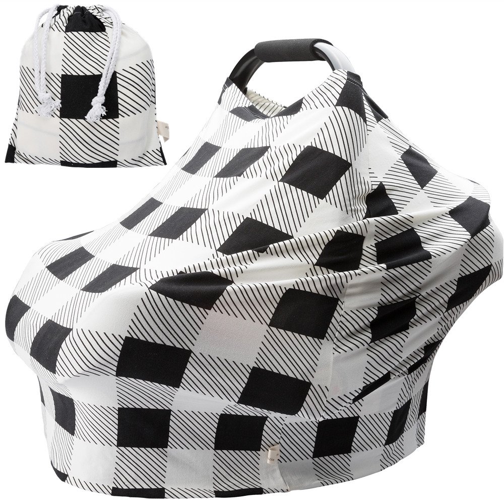 Nursing Cover Breastfeeding Scarf - Stretchy Baby Car Seat Cover & Infant Stroller Canopy for Boys & Girls (Black & White Squares) - Perfect for Nursing, Shopping & Outdoor Activities