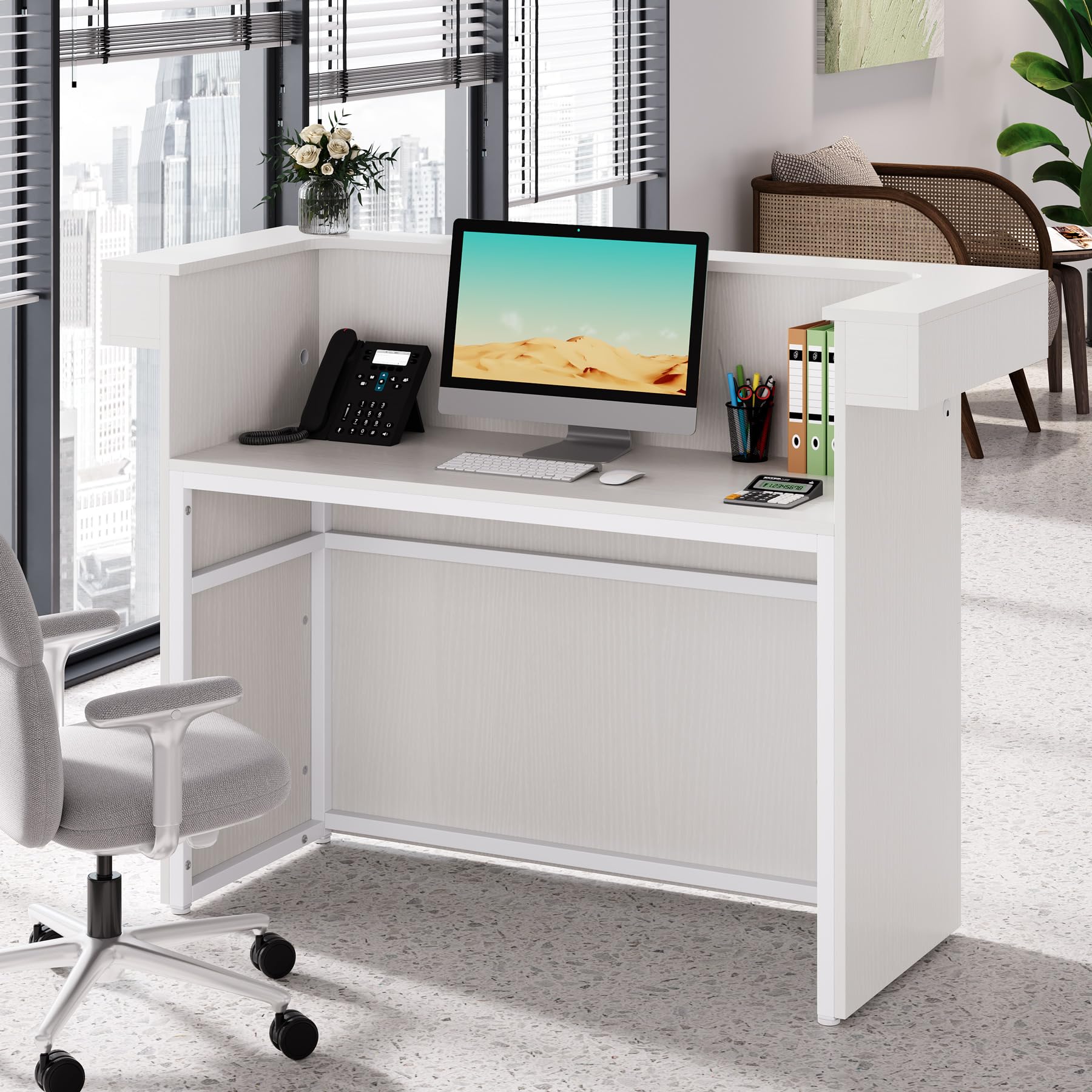 Tribesigns 55-Inch Modern Reception Desk with Built-In LED Light & Cable Grommets - White Office Lobby Counter Table for Salon, Retail Store, Hotel & Business Reception Area - Perfect for Professional Workspaces & Customer Service Areas