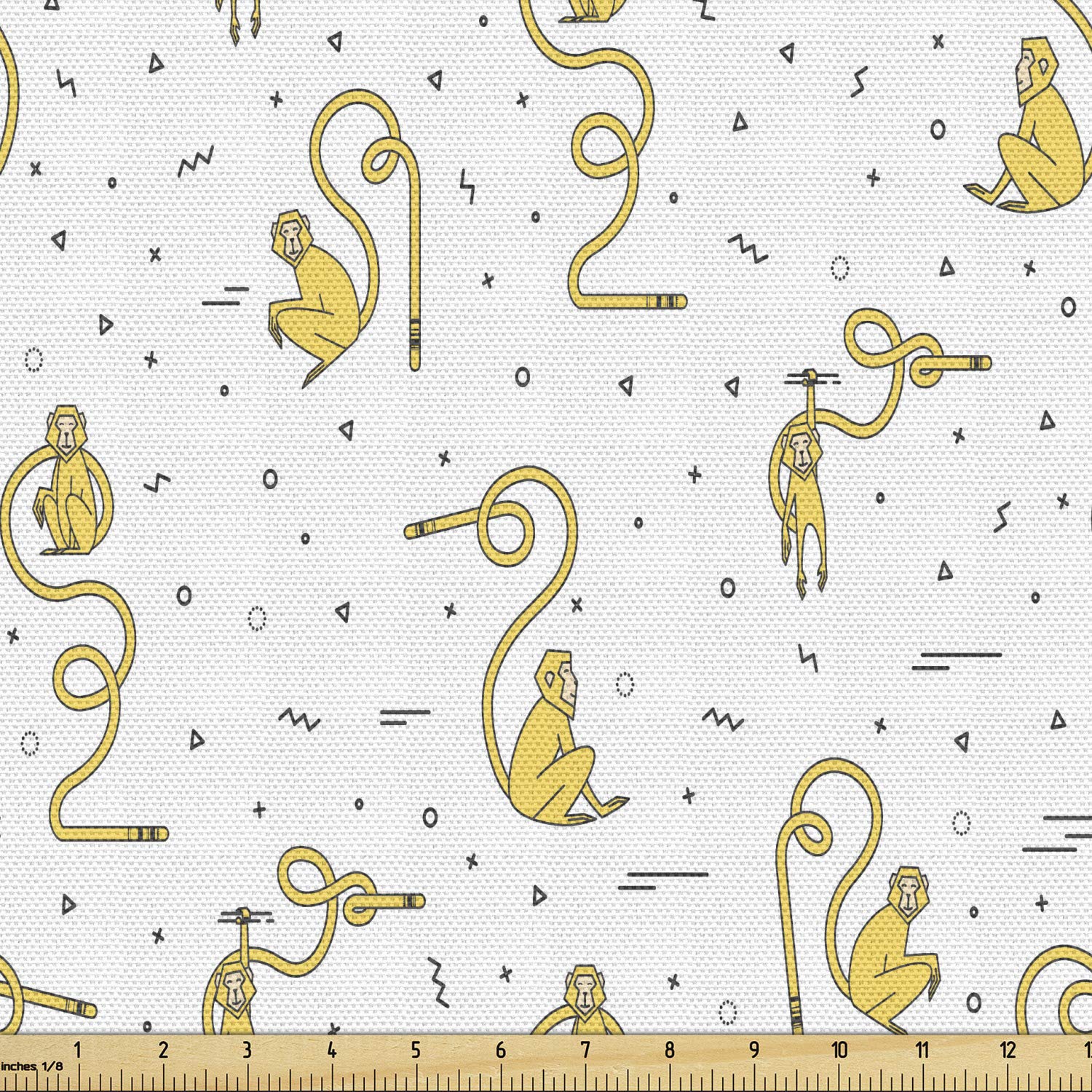 Ambesonne Monkey Fabric by The Yard - Funny Animal Print with Swirling Tails & Geometric Patterns - 3 Yards Yellow Black White Upholstery Material for Sofa, Curtains & Home Decor | Perfect for DIY Projects, Nursery Decor & Bohemian Style Interiors