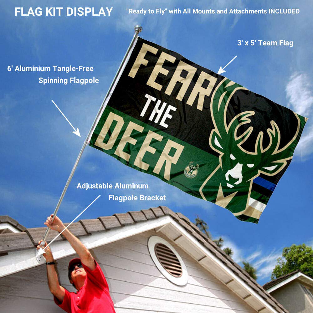 Milwaukee Bucks Fear The Deer Flag Pole and Mount Bracket Set - NBA Team Spirit Outdoor & Indoor Decor for Game Day, Tailgating, and Fan Cave Display