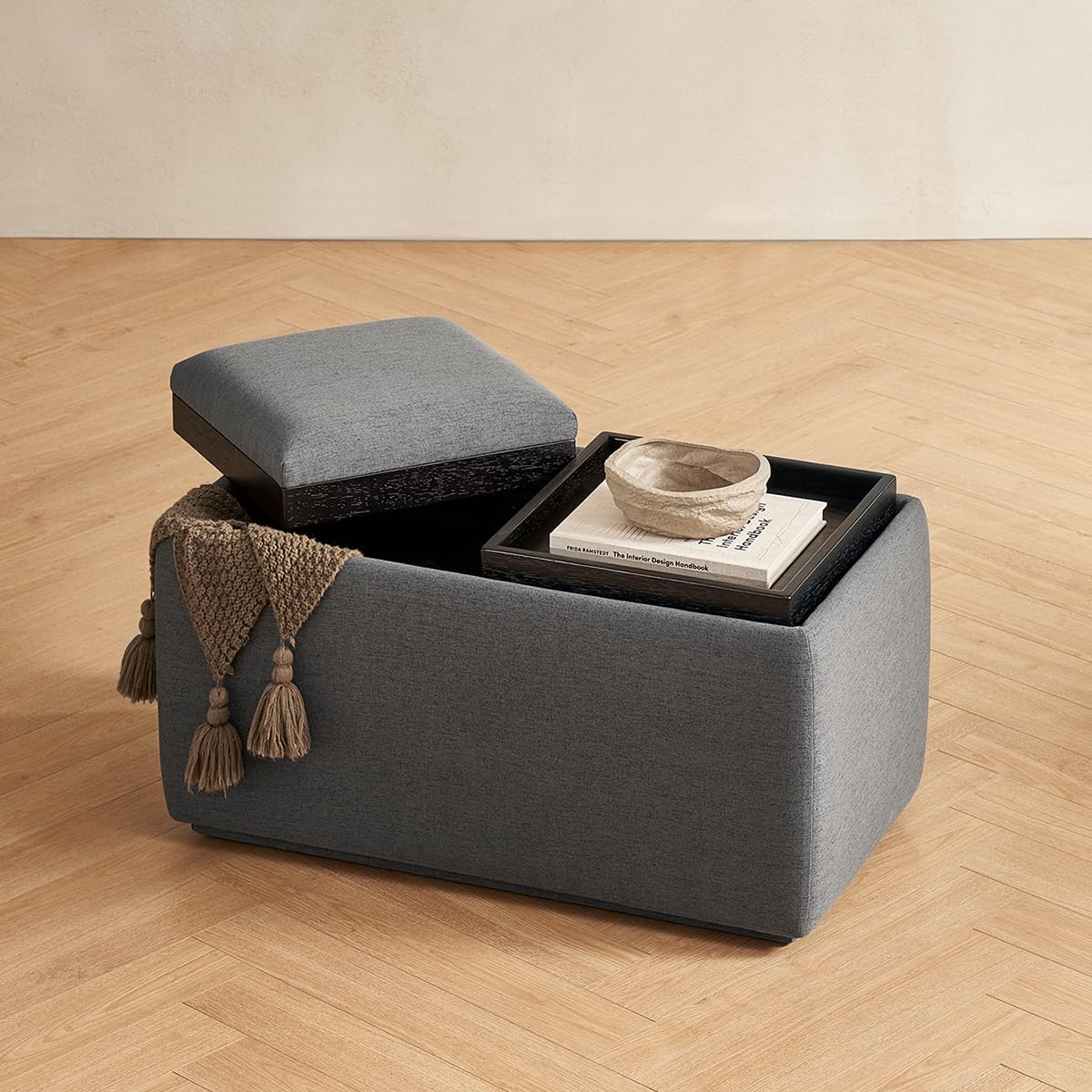 Mopio Levi Storage Bench with Reversible Tray - Modern Upholstered Ottoman Coffee Table for Living Room, Bedroom & Entryway - Dark Gray Fabric Cube Bench with Storage - Perfect for Small Spaces, Seating & Home Organization