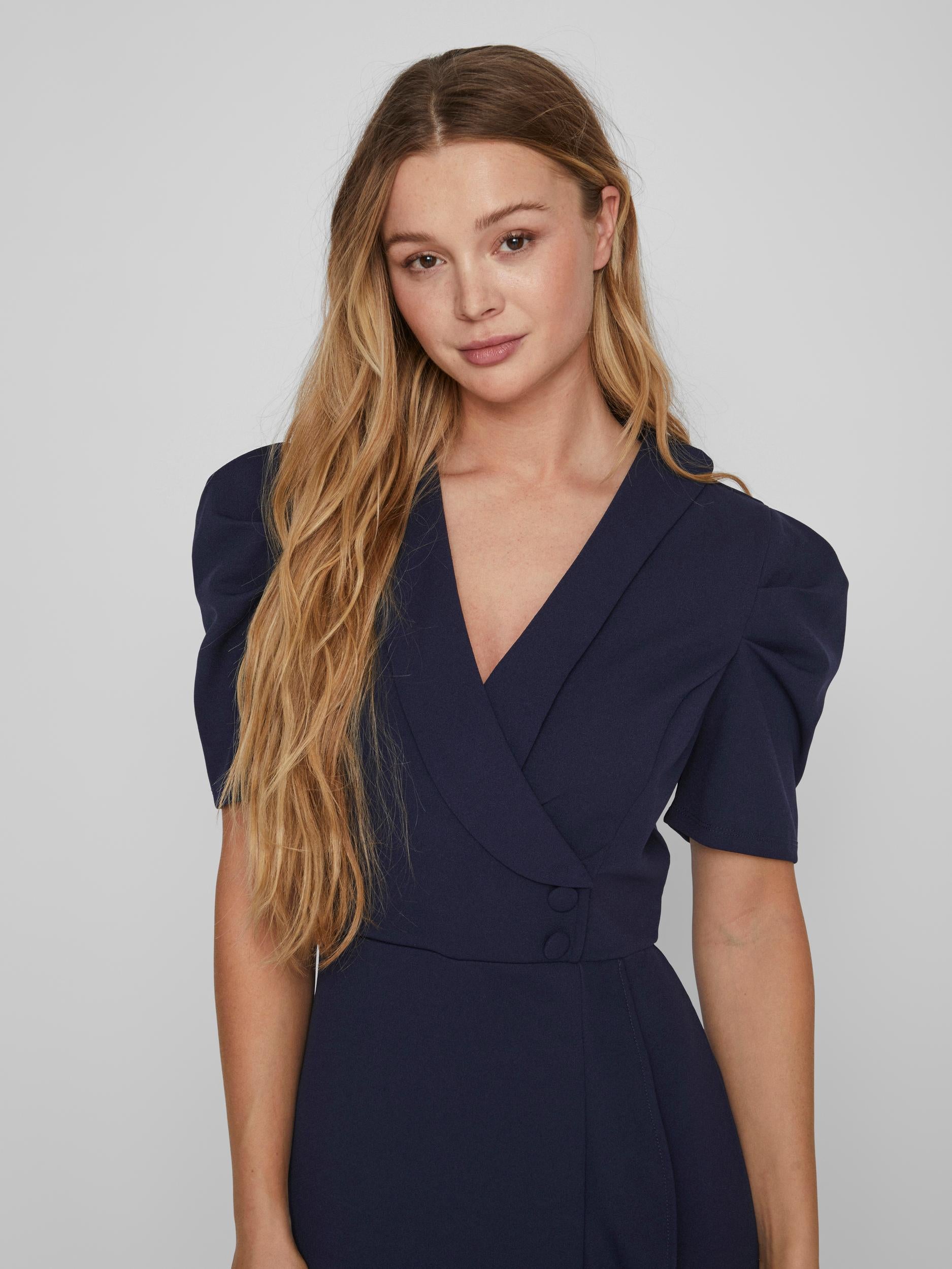 CLARA MIDI DRESS for Women - Navy Blue Flowy Summer Dress with Short Sleeves, Casual Elegant Midi Length Dress - Perfect for Beach Vacation, Date Night and Office Wear