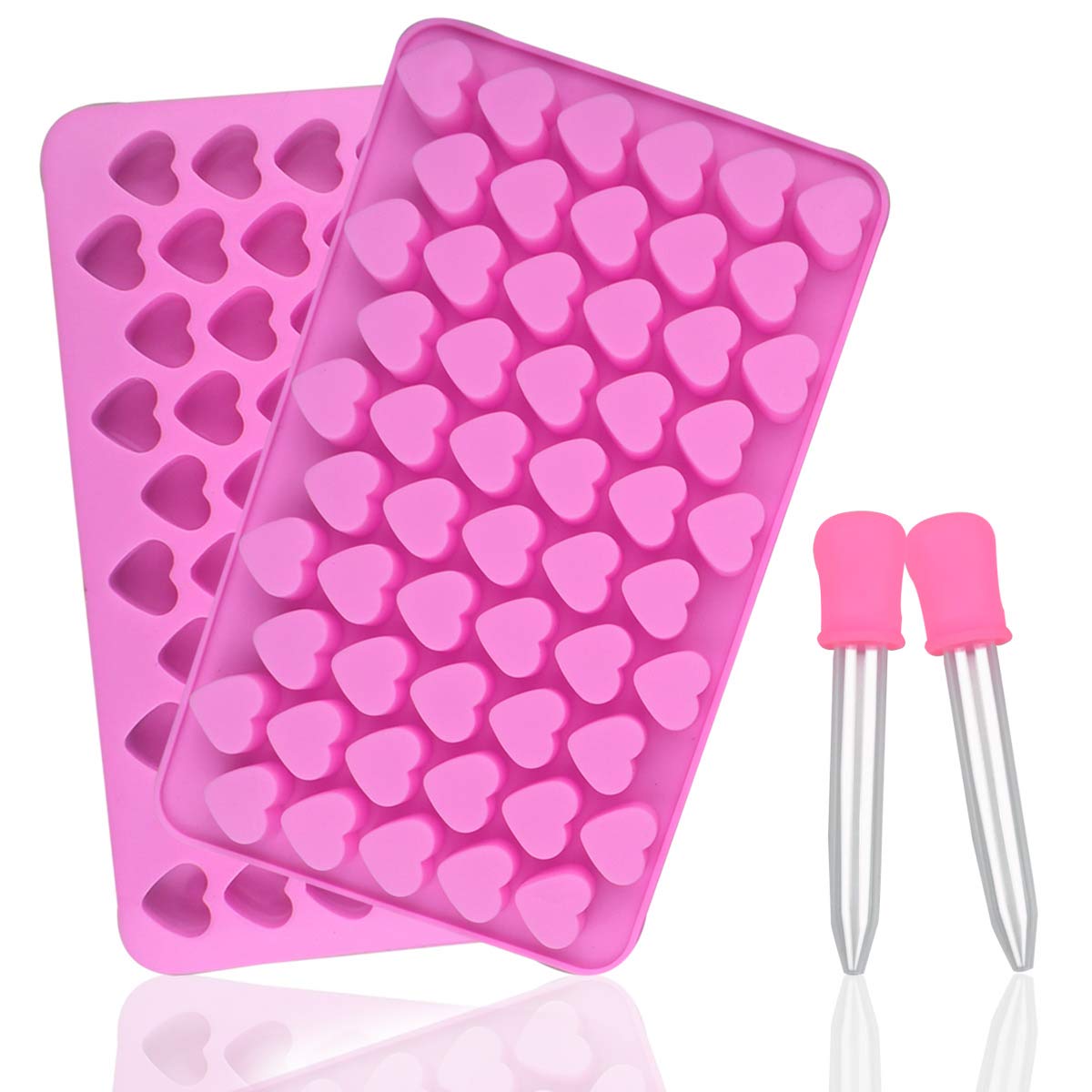 2 Pack Silicone Mini Heart Molds with Droppers - Heart Shape Ice Cube & Candy Molds for Chocolate, Gummy, Soap, Jelly, Cake - Baking & DIY Crafts - Perfect for Valentine's Day, Parties & Home Decor (Pink)