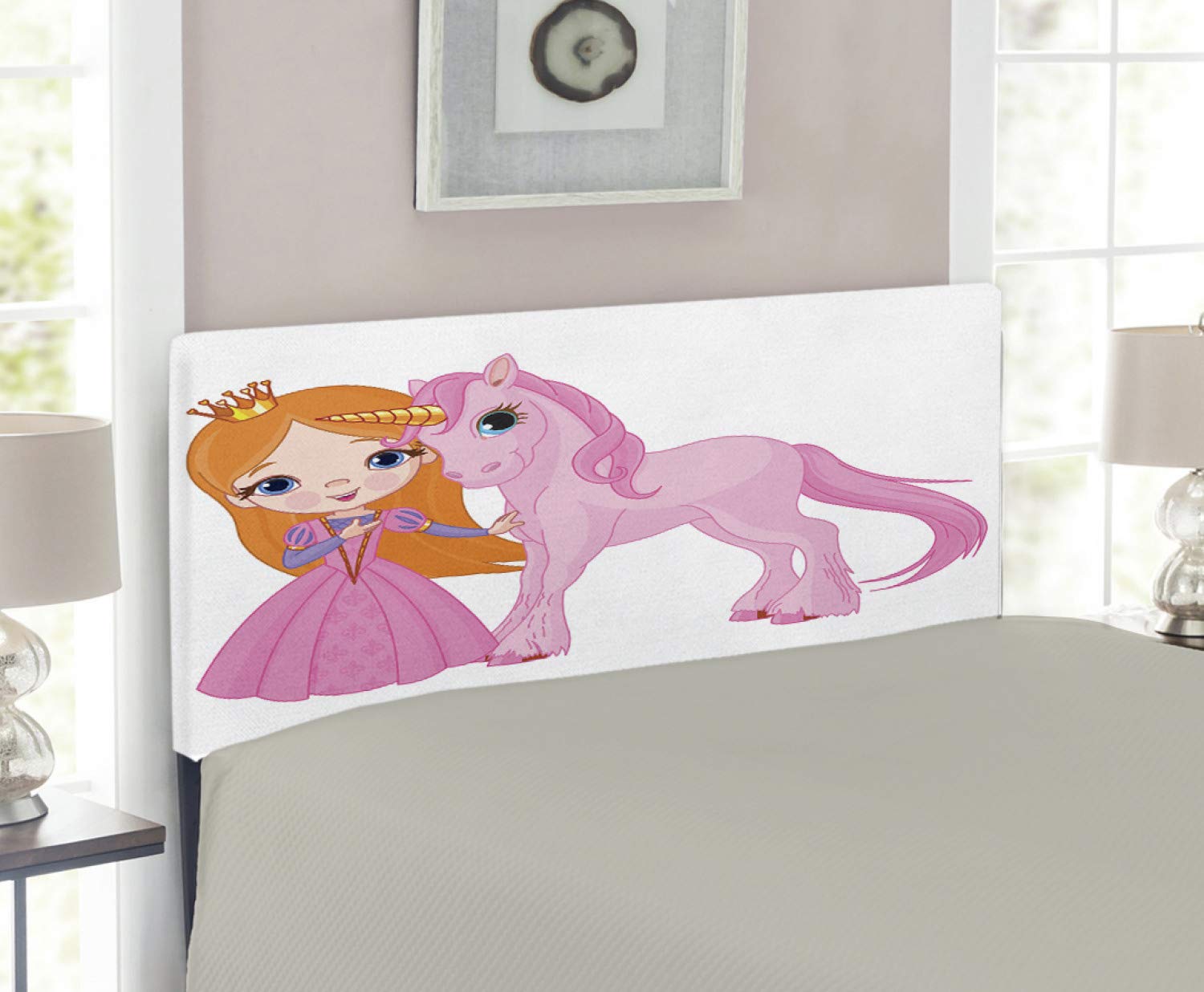 Lunarable Twin Size Cartoon Headboard - Smiling Girl & Pony Magic Unicorn Medieval Tale Characters, Upholstered Decorative Metal Bed Headboard with Memory Foam in Pink & Orange | Perfect for Kids' Bedroom, Fantasy Themed Decor & Cozy Reading Nook
