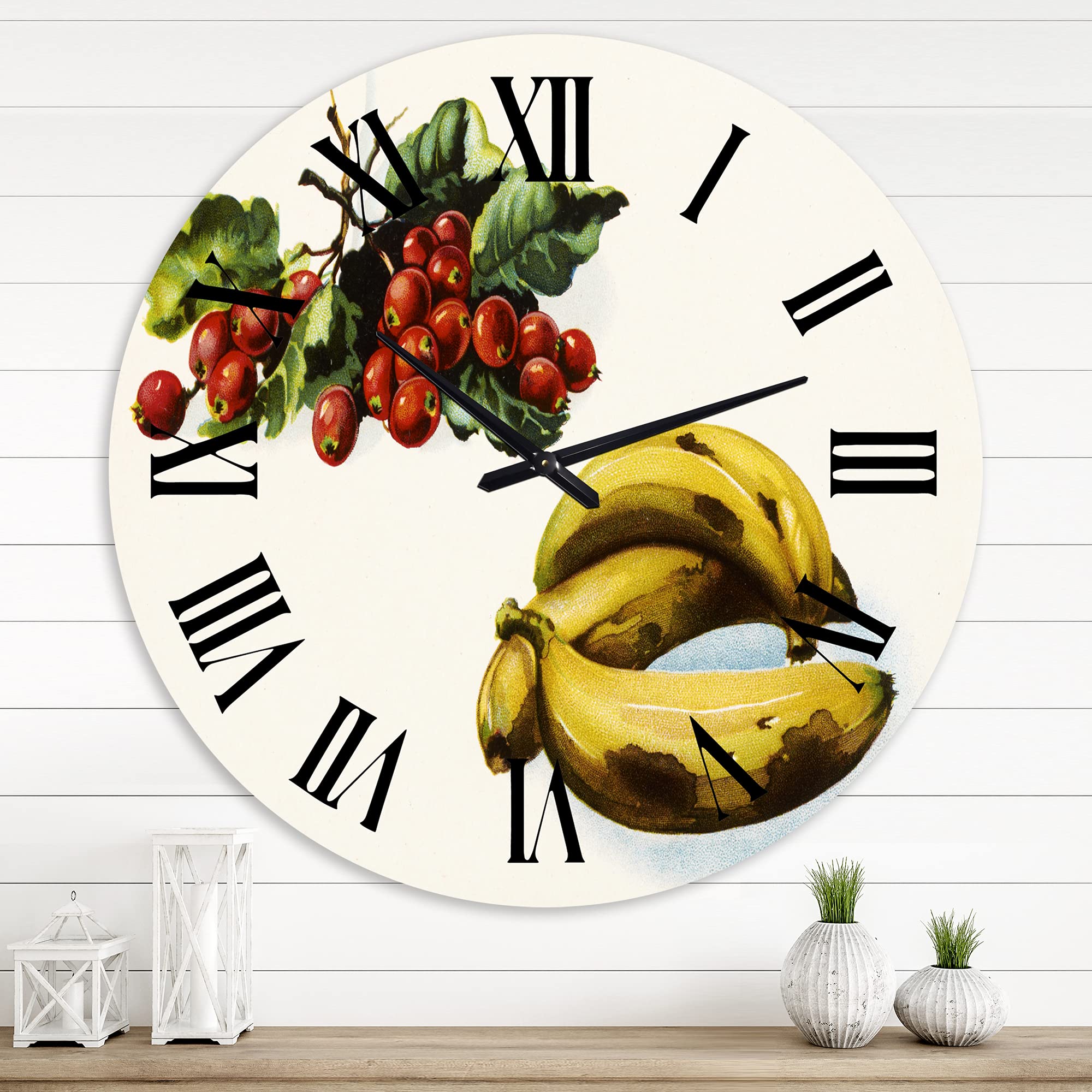 Farmhouse Wall Clock - Large Vintage 'Banana and Red Berries' Kitchen Decor for Dining Room, Living Room, Office | Perfect Rustic Home Décor Gift for Housewarming, Wedding, Birthday