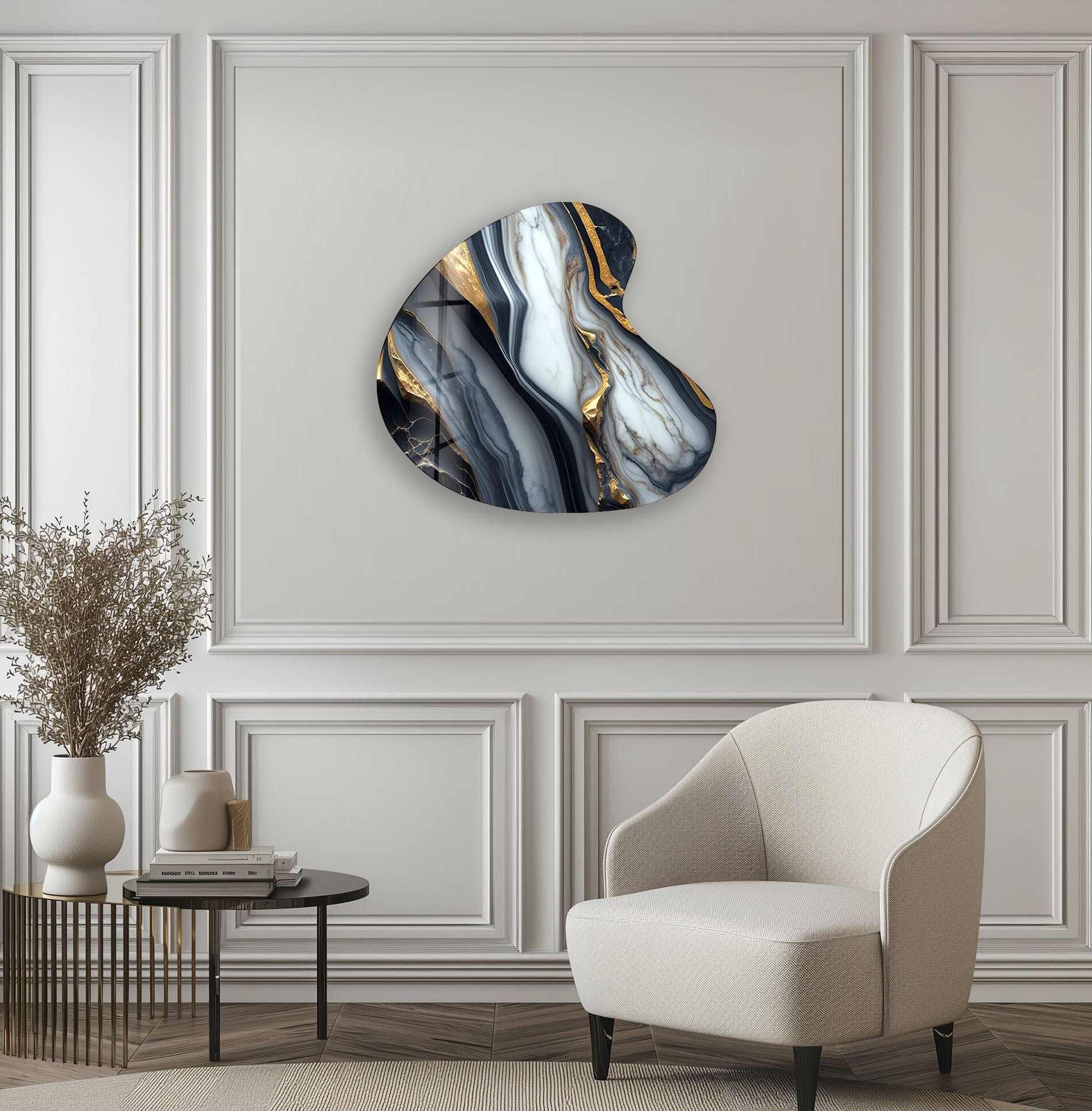 Black and White Marble Irregular Glass Wall Art - Modern Abstract Home Decor for Living Room, Bedroom, or Office