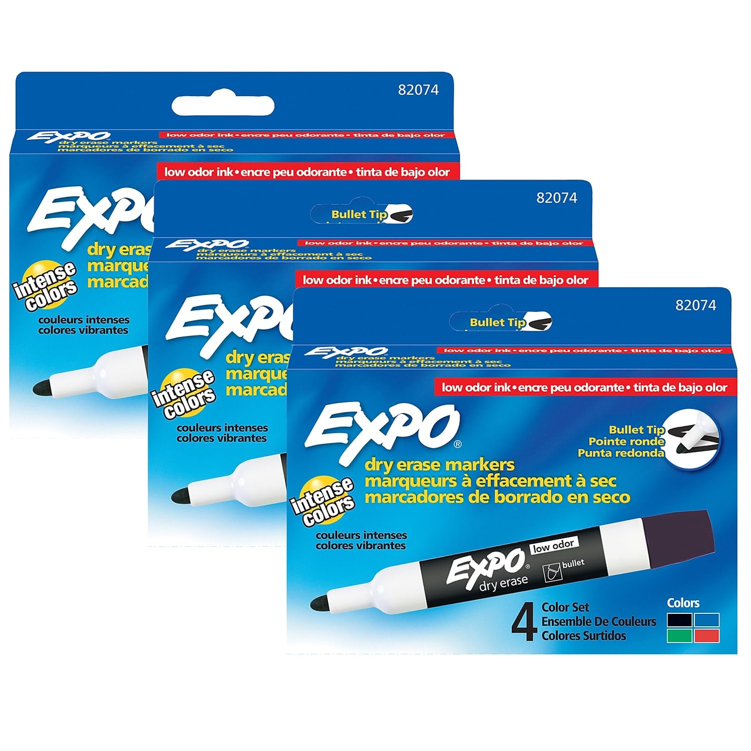 EXPO Low Odor Dry Erase Markers - 12 Pack (3 Sets of 4) - Bullet Tip, Assorted Colors - Ideal for Office, Classroom & Home Whiteboard Use - SAN82074-3