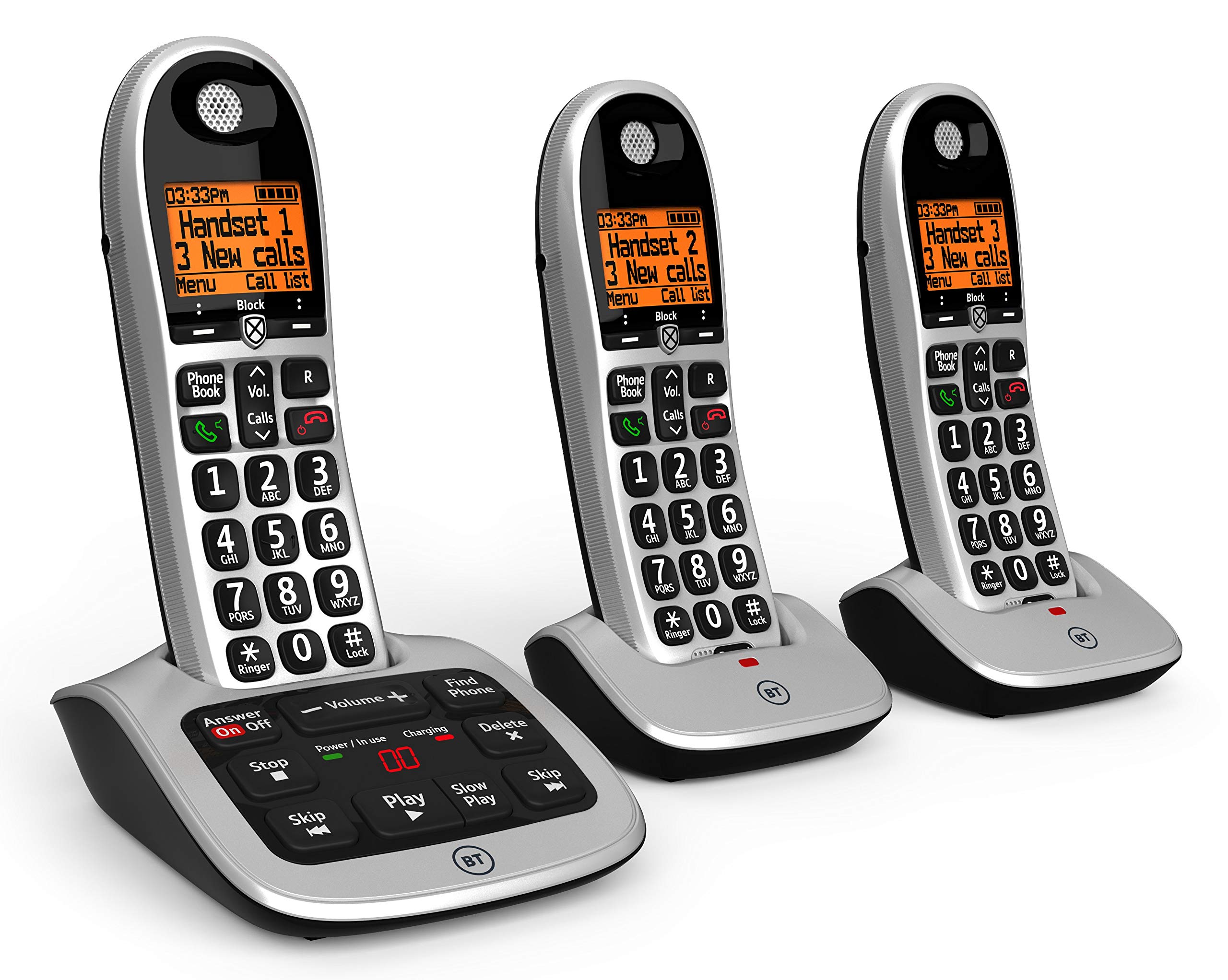 BT 84668 4600 Big Button Advanced Call Blocker for Landline Phones with Answering Machine - Trio Handset Pack in Black & White - Ideal for Seniors & Home Offices with Call Screening & Robocall Protection