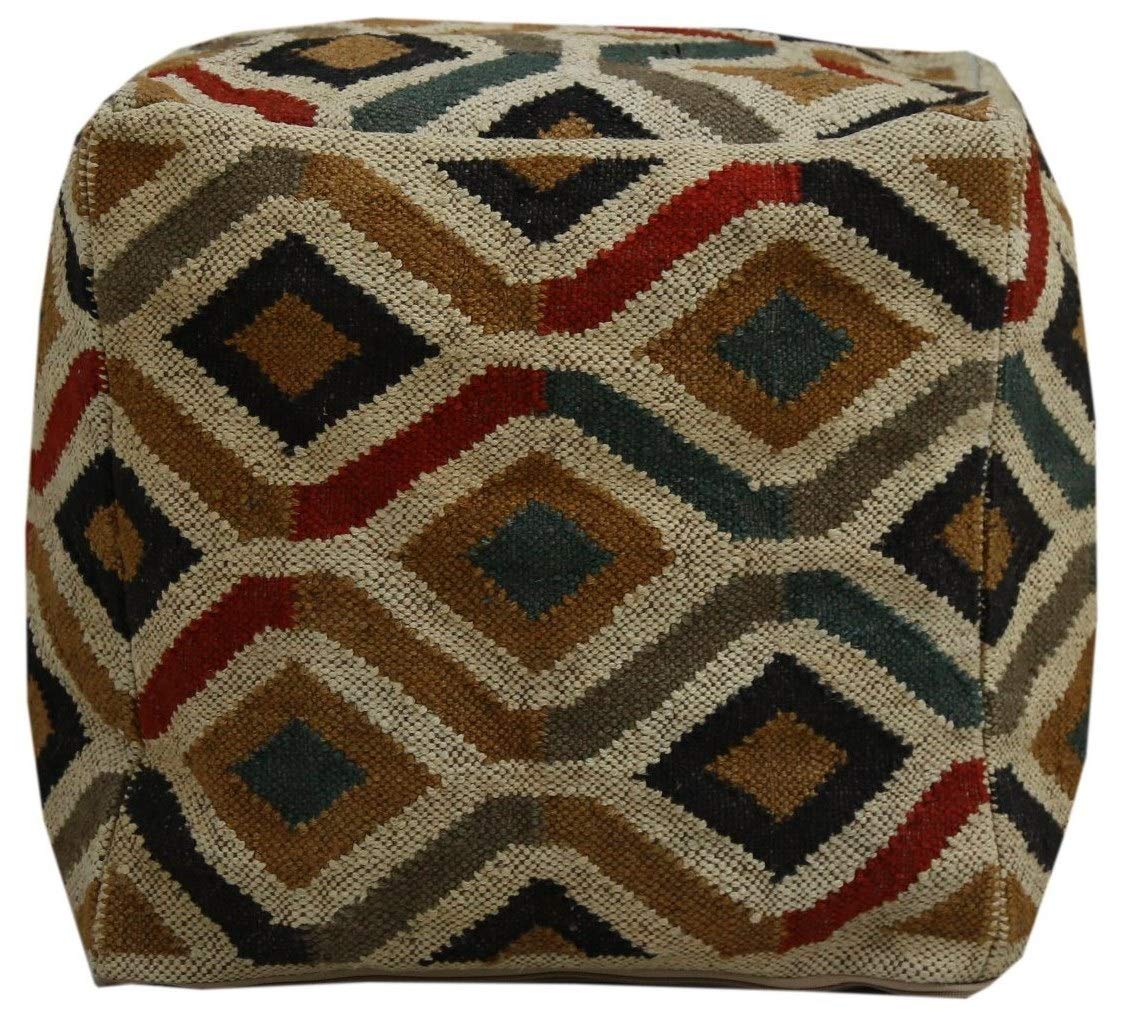 Handmade Vintage Kilim Pouf Cover - Wool & Jute Ottoman Footstool Case - Authentic Rustic Home Decor for Living Room, Bedroom & Outdoor Seating - Perfect Floor Pouf for Boho Chic Style (Pattern 6)