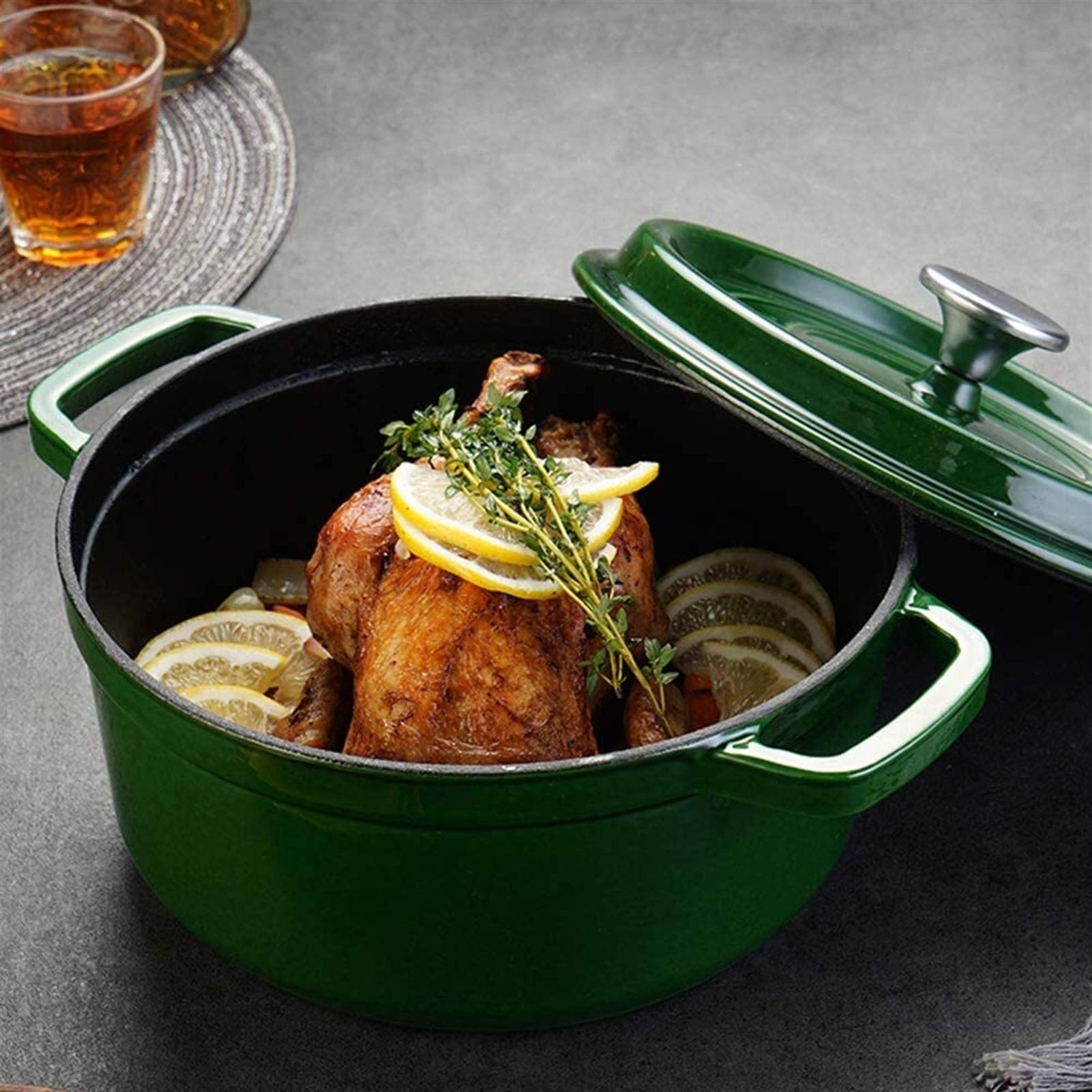 MIAOMSI 22cm Enameled Cast Iron Pan - Nonstick, Multi-Functional Casserole & Frying Pan with Anti-Scalding Silicone Tools (Green) - Perfect for Stovetop, Oven & Camping Cooking