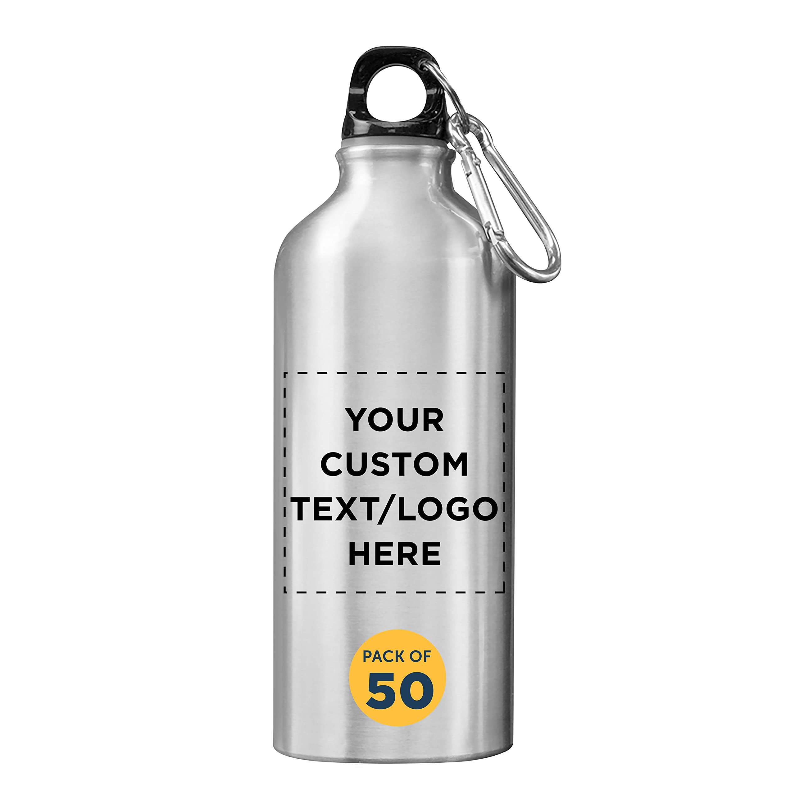 Custom 20 oz Aluminum Water Bottles Bulk Pack of 50 - Personalized Gym & Hiking Bottles - Eco-Friendly Reusable Drinkware for Sports, Office, Camping & Outdoor Activities - Silver