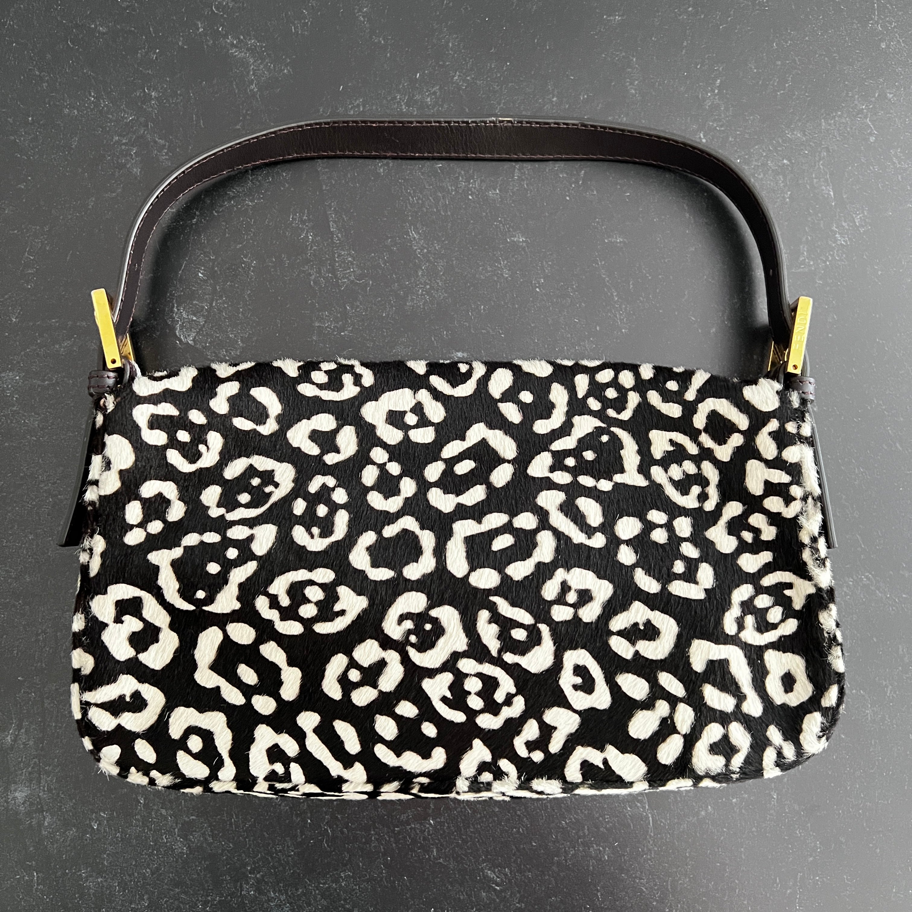 Authentic Fendi Black & White Cheetah Print Pony Hair Baguette Bag - Luxury Designer Handbag for Women, Perfect for Evening Parties & Special Occasions