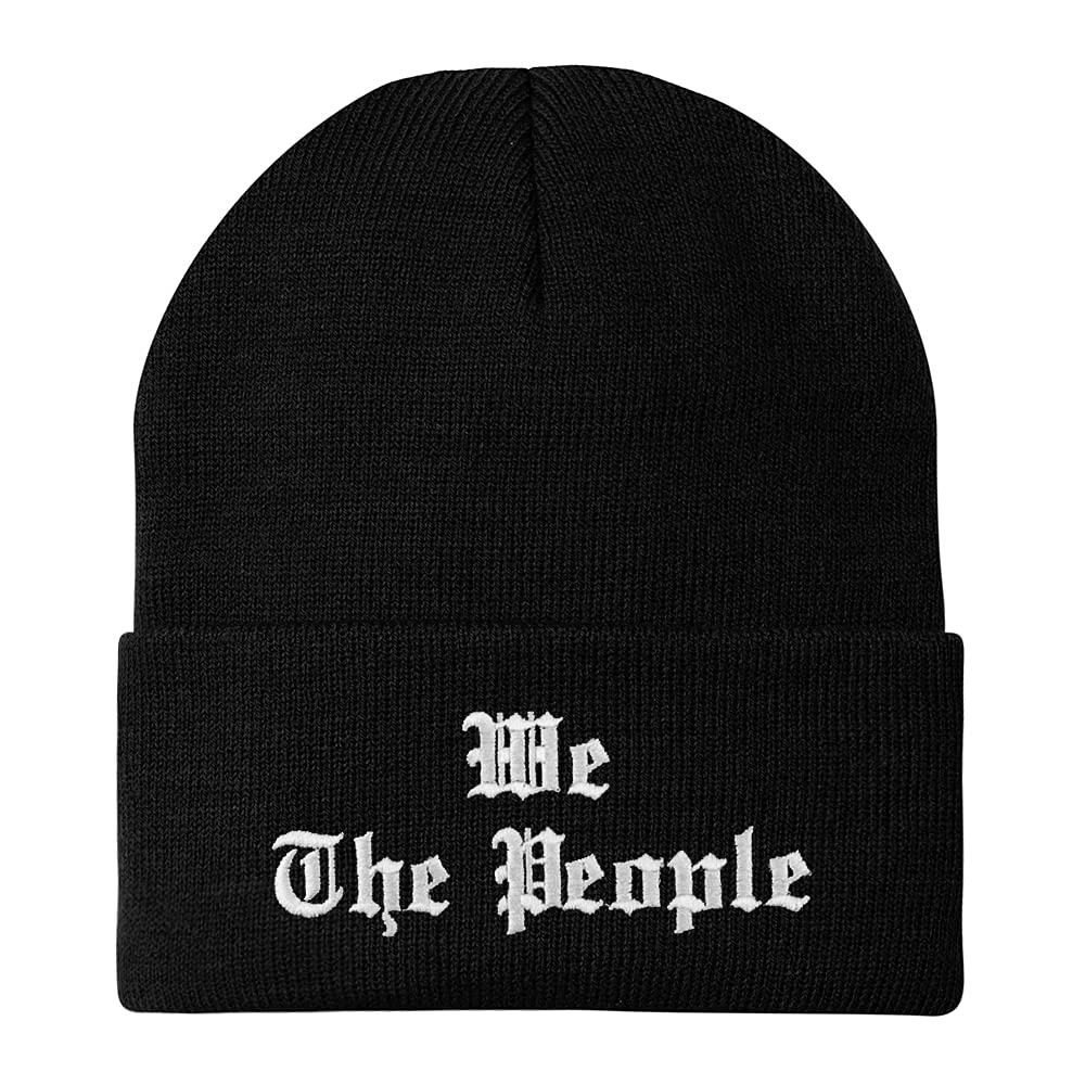 We The People Old English Embroidered Long Cuff Beanie Hat - Trendy Streetwear for Men & Women - Perfect for Winter Fashion, Hip Hop Style and Urban Outfits