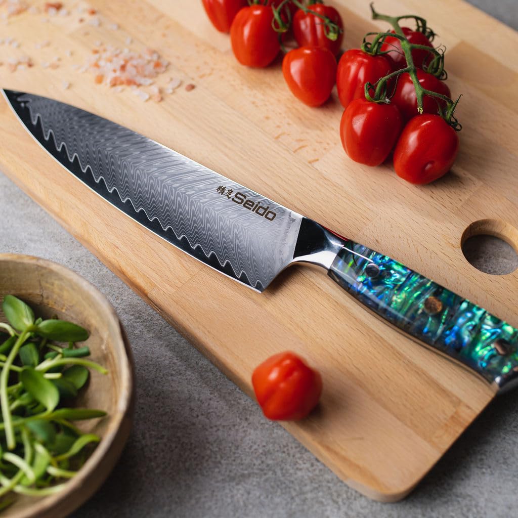 Premium Seido Awabi Damascus Chef Knife Set - Professional Japanese Stainless Steel Kitchen Knives with Abalone Shell Resin Handle, Ultra Sharp Full Tang Design for Slicing, Dicing & Chopping - Perfect for Home Chefs & Professional Kitchens