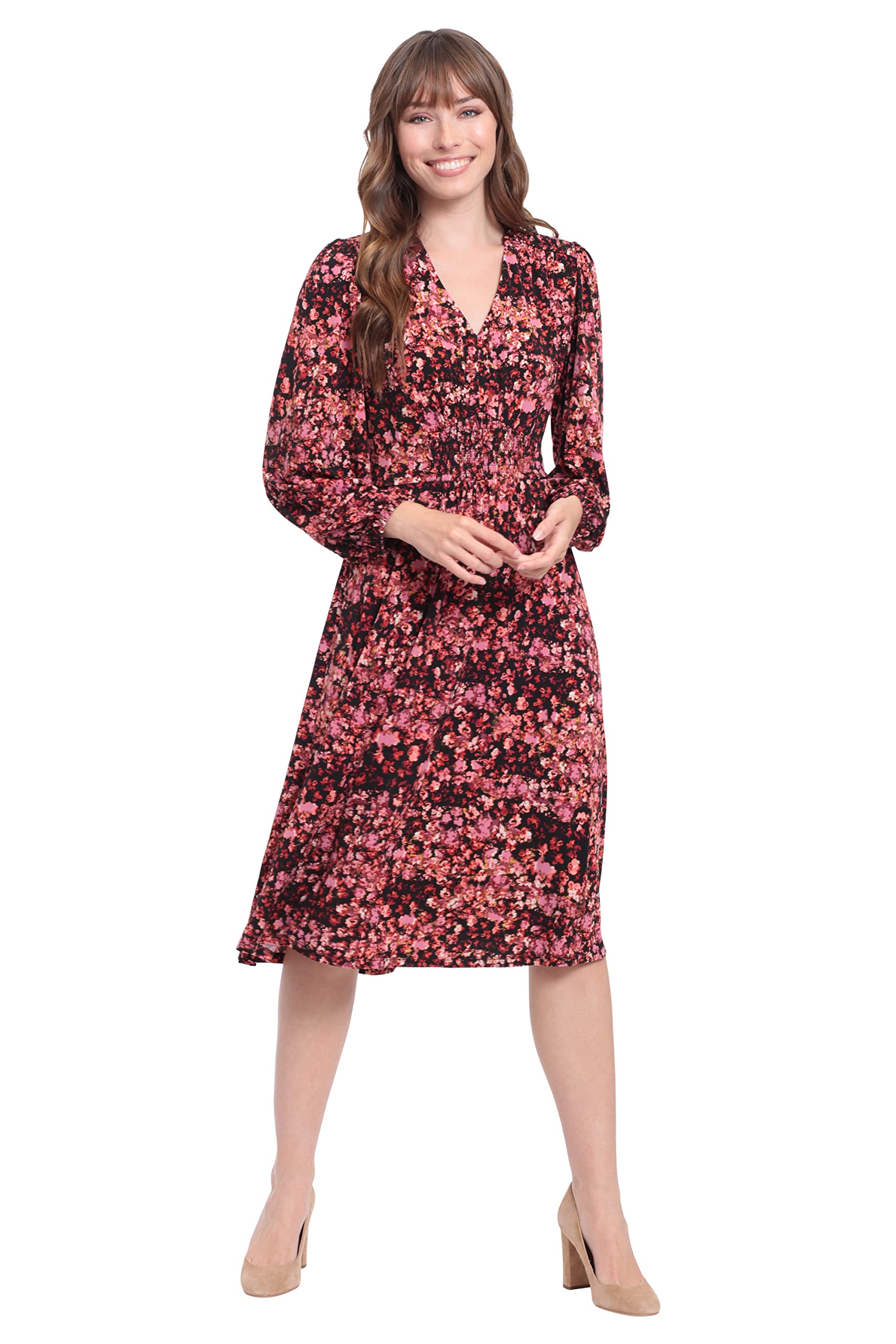 London Times Women's Smocked Empire Waist Fit and Flare Dress - Elegant Summer Midi Dress with Flowy Skirt for Weddings, Parties & Date Nights