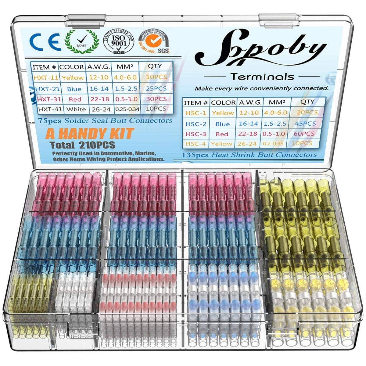 210pcs Heat Shrink Wire Connectors Kit - 135pcs Crimp Butt Connectors & 75pcs Solder Seal Connectors (26-10GA) | Waterproof Electrical Connectors for Automotive, Marine & Home Wiring Repairs
