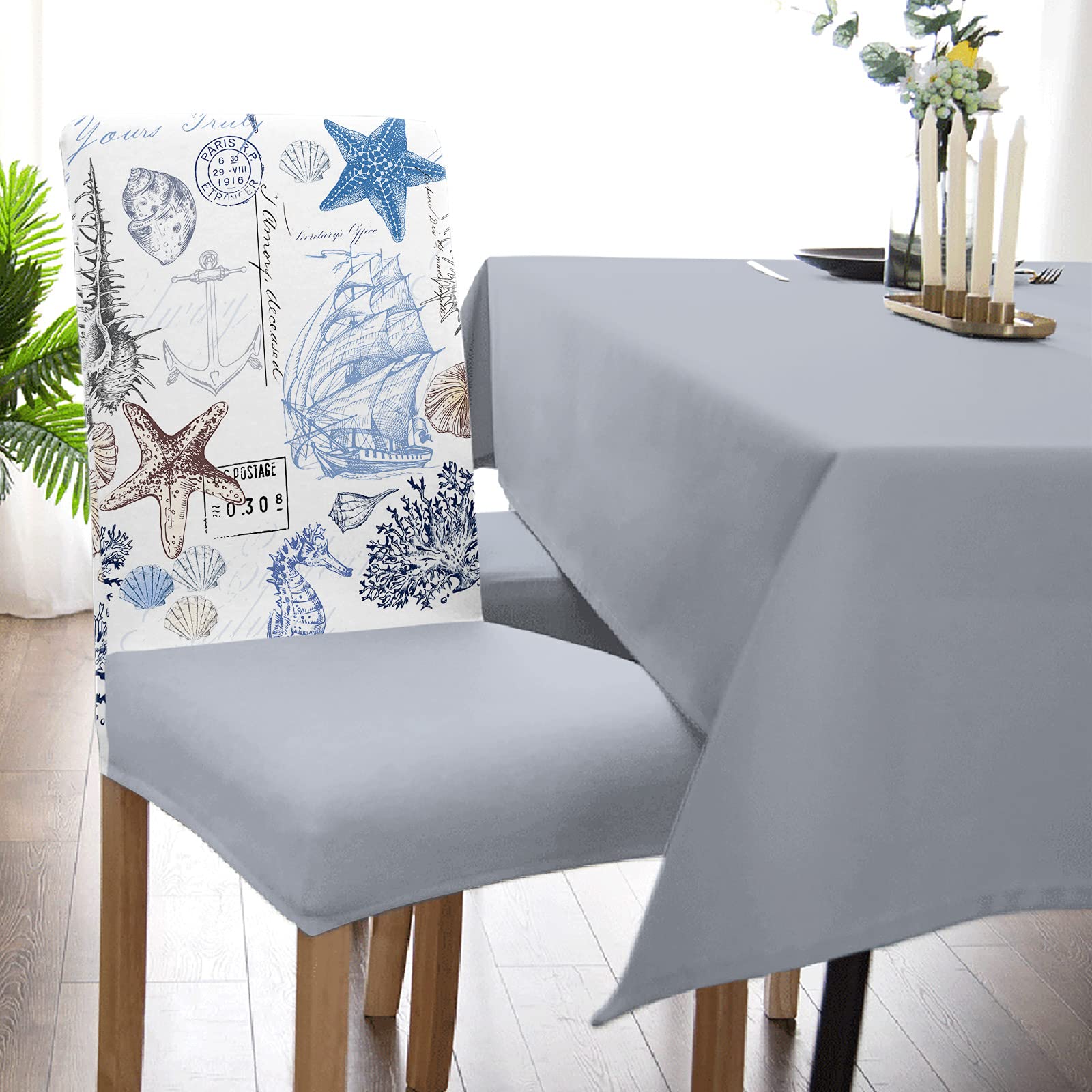 Stretch Dining Room Chair Covers Set of 6 - Nautical Sailboat Beach Theme with Starfish & Seashell Design, Elastic Bottom Seat Protectors for Kitchen, Office & Home Decor | Perfect for Coastal-Themed Dining Rooms, Beach Houses & Restaurant Decor