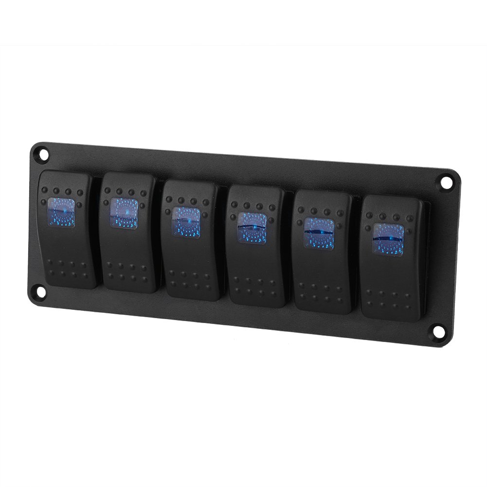 6 Gang Rocker Switch Panel with Decal Sticker Labels 12-24V - Waterproof Blue LED Toggle Control Panel for Car, Marine Boat, Trailer, RV, Truck - Perfect for Off-Roading, Camping & Vehicle Customization