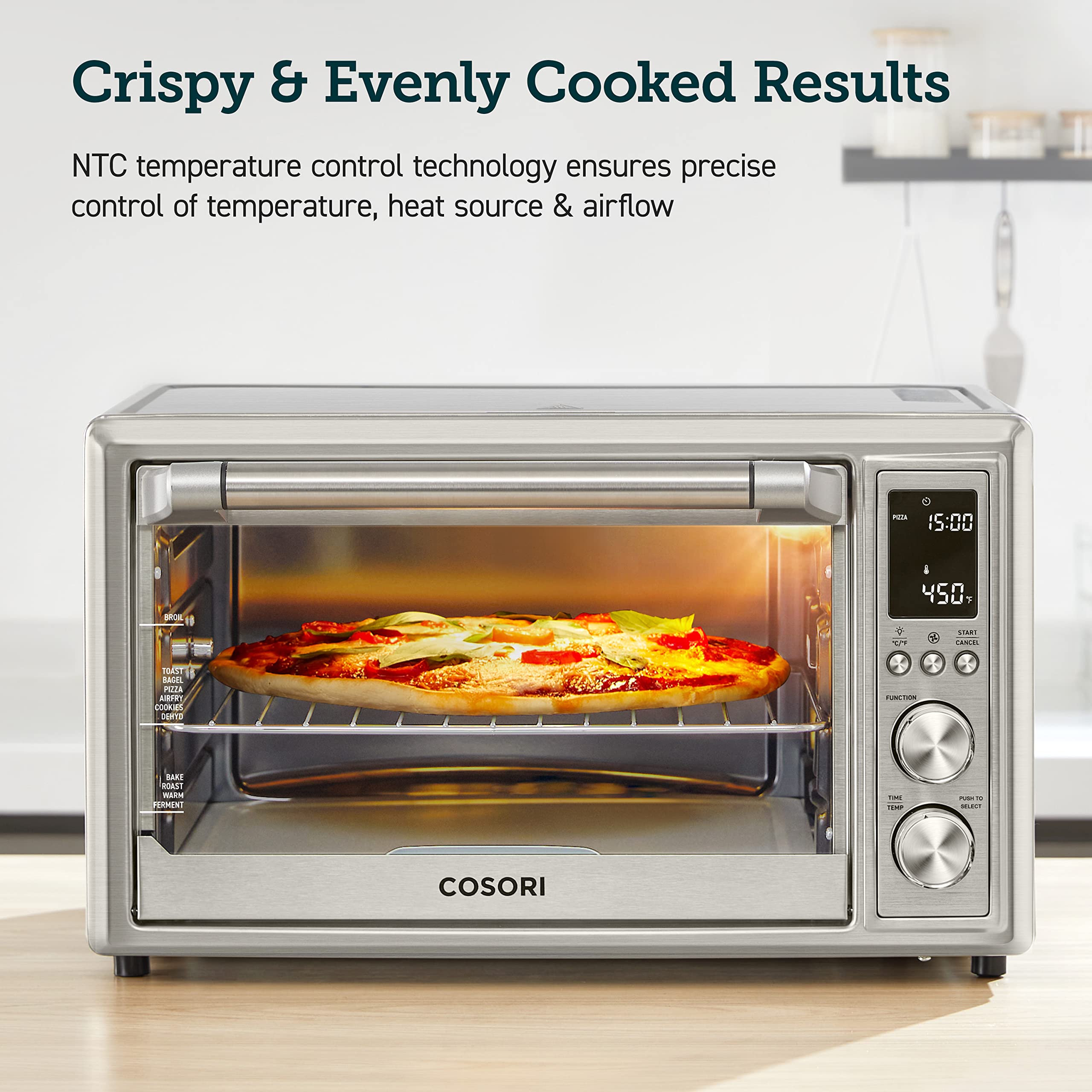 COSORI 12-in-1 Air Fryer Toaster Oven with Rotisserie - 32QT/30L Stainless Steel Countertop Convection Oven, 6-Slice Toaster, 13-inch Pizza Maker - Includes 6 Accessories (Basket, Tray) & 100 Recipes - Perfect for Baking, Roasting, and Healthy Family Meals