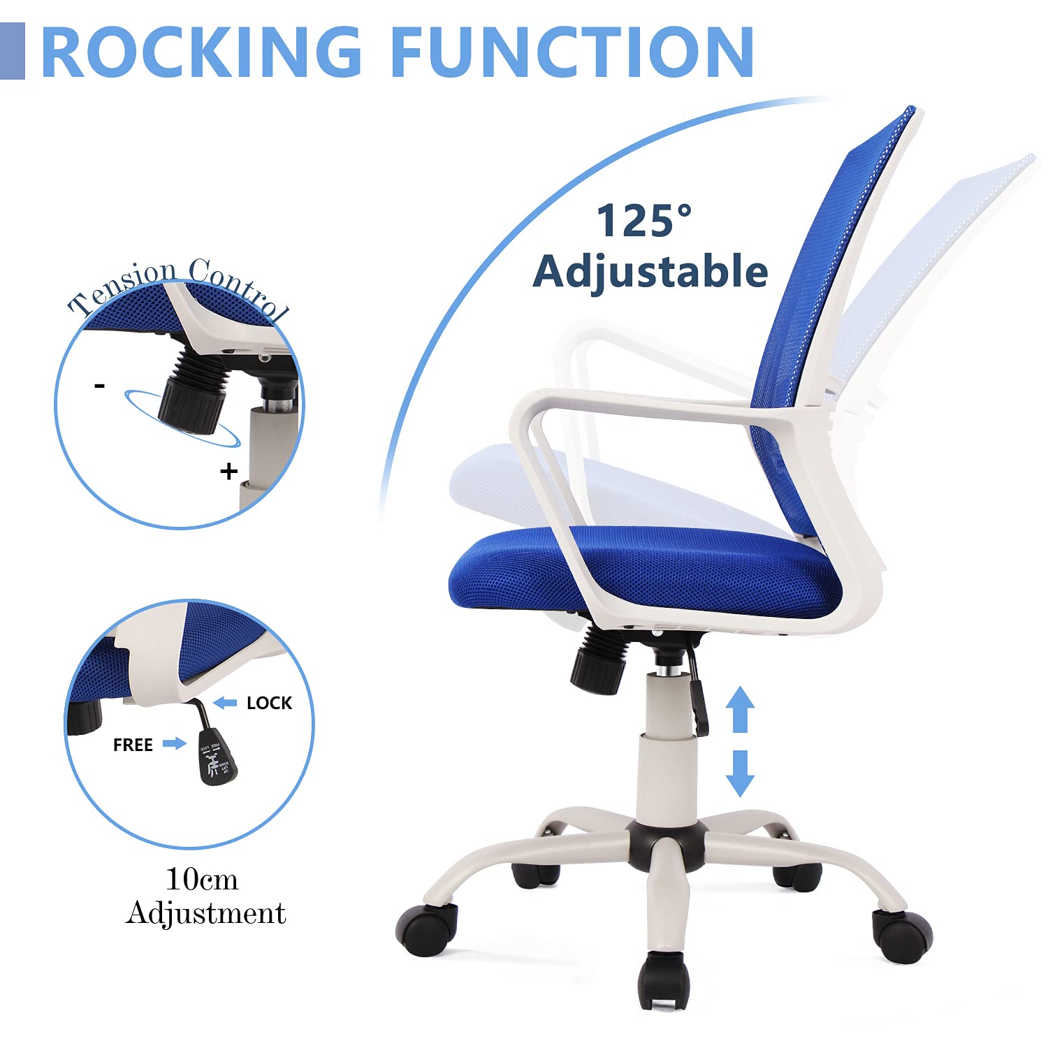 Ergonomic Office Chair with Lumbar Support - Adjustable Mesh Computer Desk Chair with Wheels & Arms for Home Office, Study, or Work - Mid Back Task Swivel Chair in Ocean Blue - Perfect for Long Hours of Comfortable Sitting & Productivity