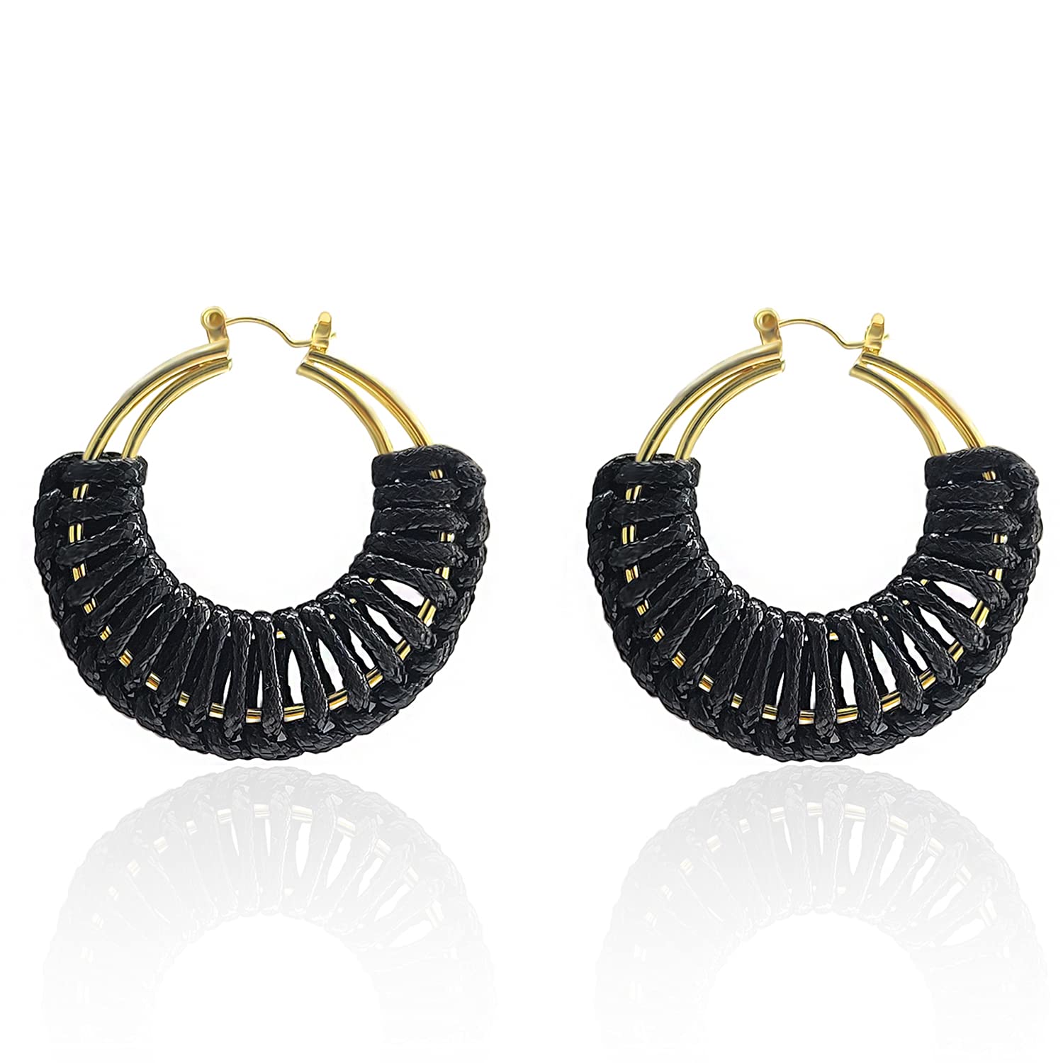 Lightweight Gold Hoop Earrings for Women - Large Geometric Boho Rattan Earrings with Faux Leather Braid - Stylish Statement Jewelry for Girls | Perfect for Casual Wear, Parties & Boho Fashion