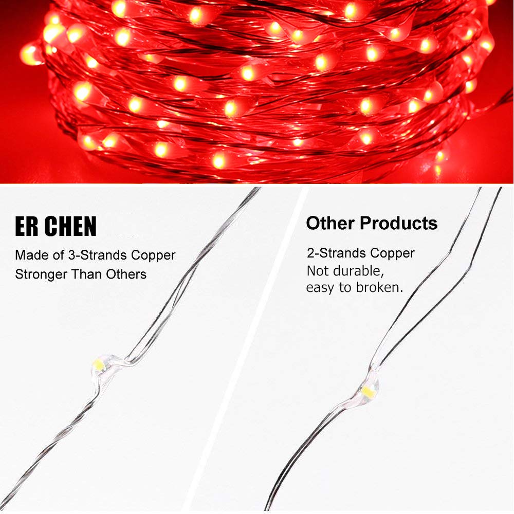 Fairy Lights Plug in - 33ft/10m Silver Coated Copper Wire with 100 LEDs, Starry String Lights for Indoor Outdoor Decoration - Perfect for Bedroom, Patio, Garden, Party, Christmas Tree (Red) - Create Magical Ambiance for Weddings, Holidays and Special Events
