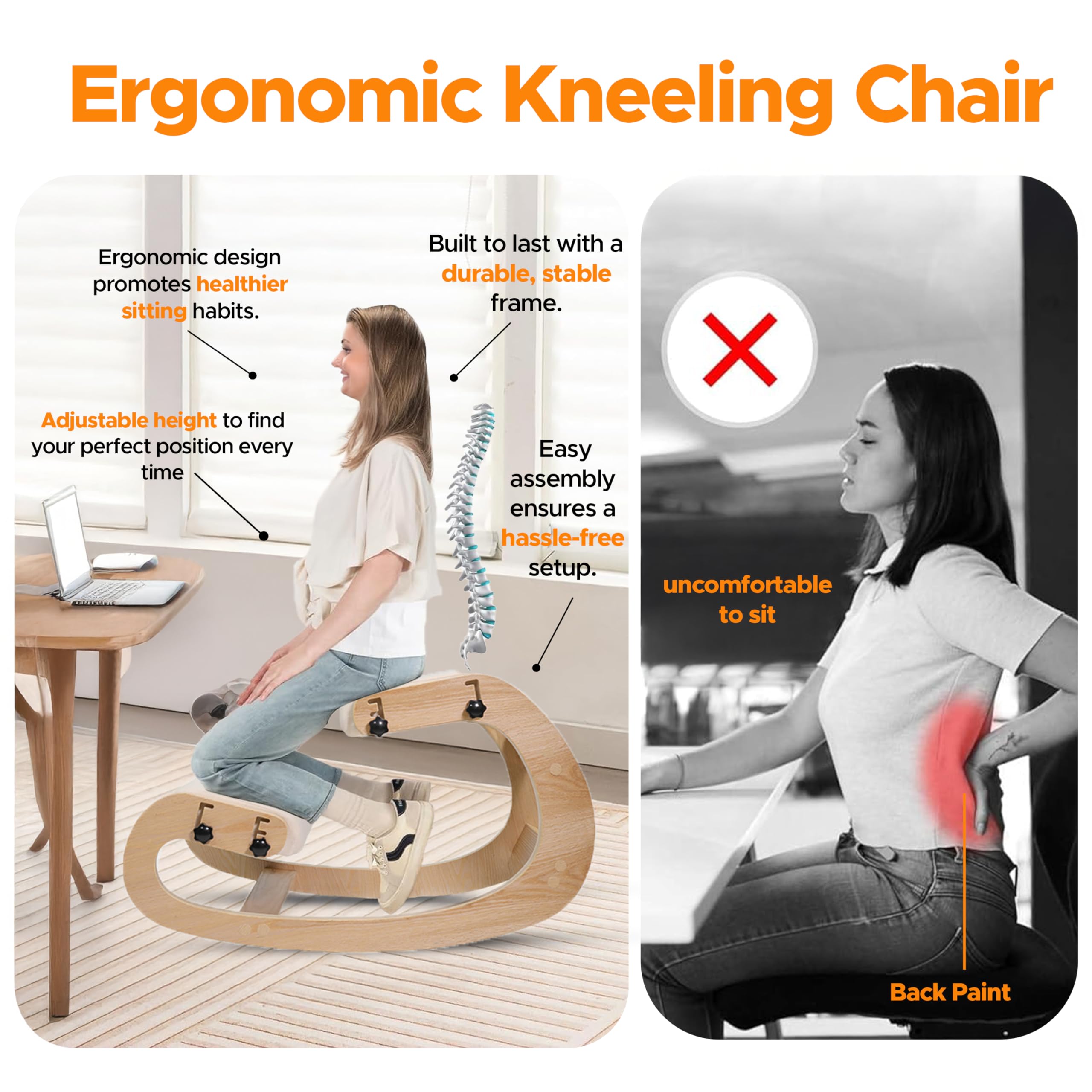 Ergonomic Adjustable Kneeling Chair for Back Pain Relief - Office Desk Posture Stool with Multiple Height Settings - Improves Posture & Comfort - Perfect for Home Office, Gaming & Meditation