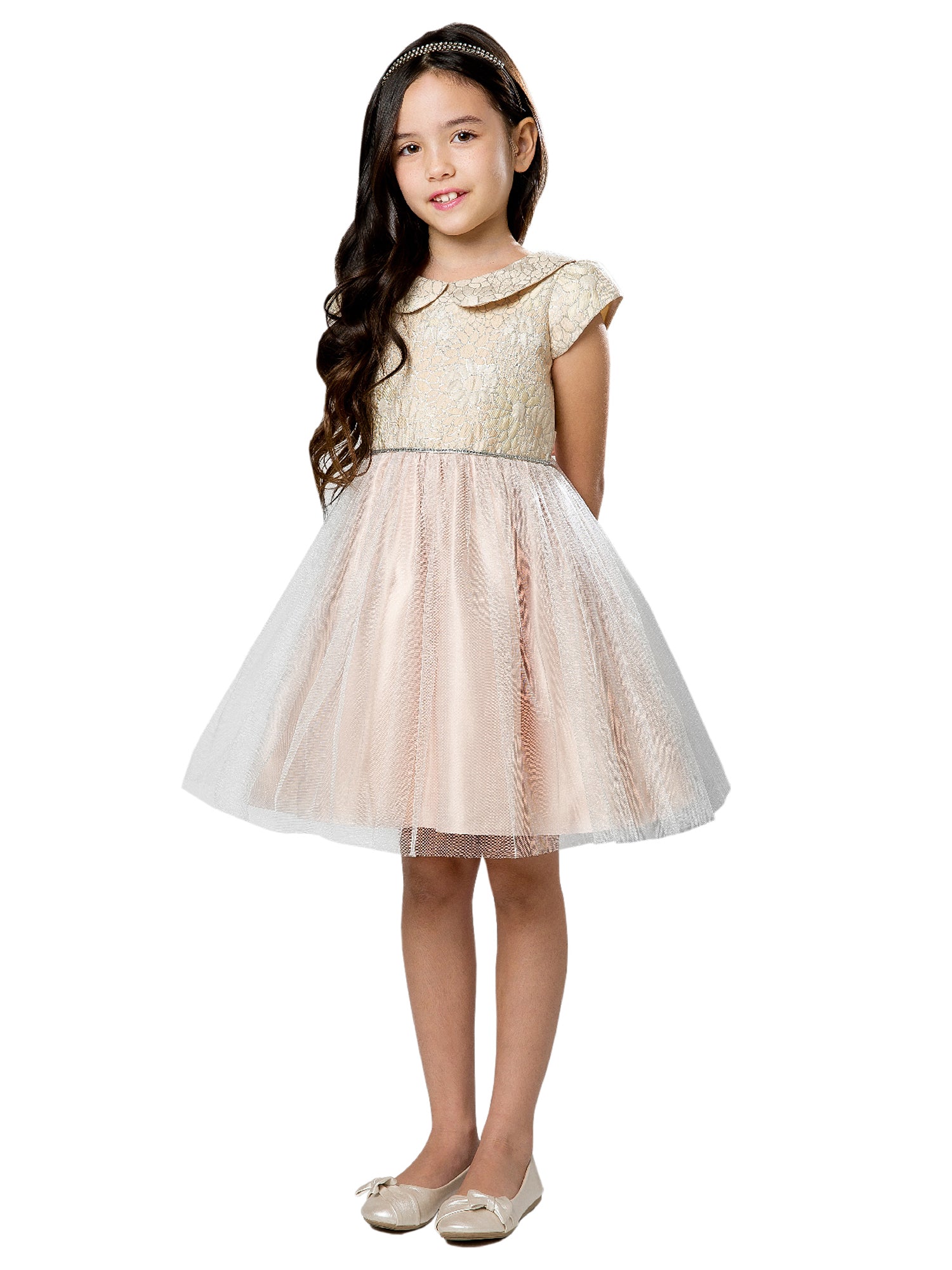 Big Girls Blush Daisy Jacquard Collar Tulle Junior Bridesmaid Dress Size 7-12 | Floral Lace Flower Girl Dress for Weddings, Parties & Special Occasions