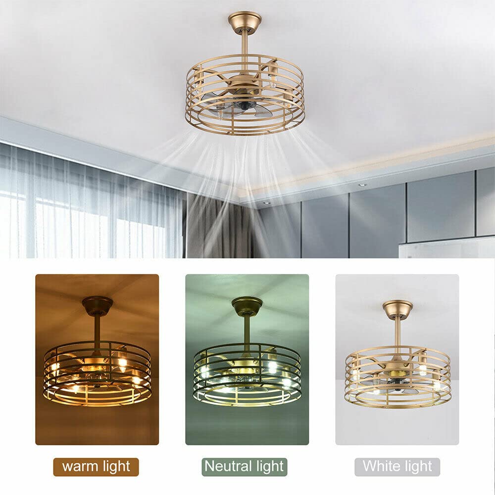 20 Inch Industrial Caged Ceiling Fan with Light - 3 Speed Adjustable, Remote Control, Bladeless Design for Kitchen, Bedroom, Living Room & Farmhouse - Gold Finish (4xE12 Base, Bulbs Not Included) - Perfect for Modern Farmhouse Decor and Air Circulation in Large Spaces