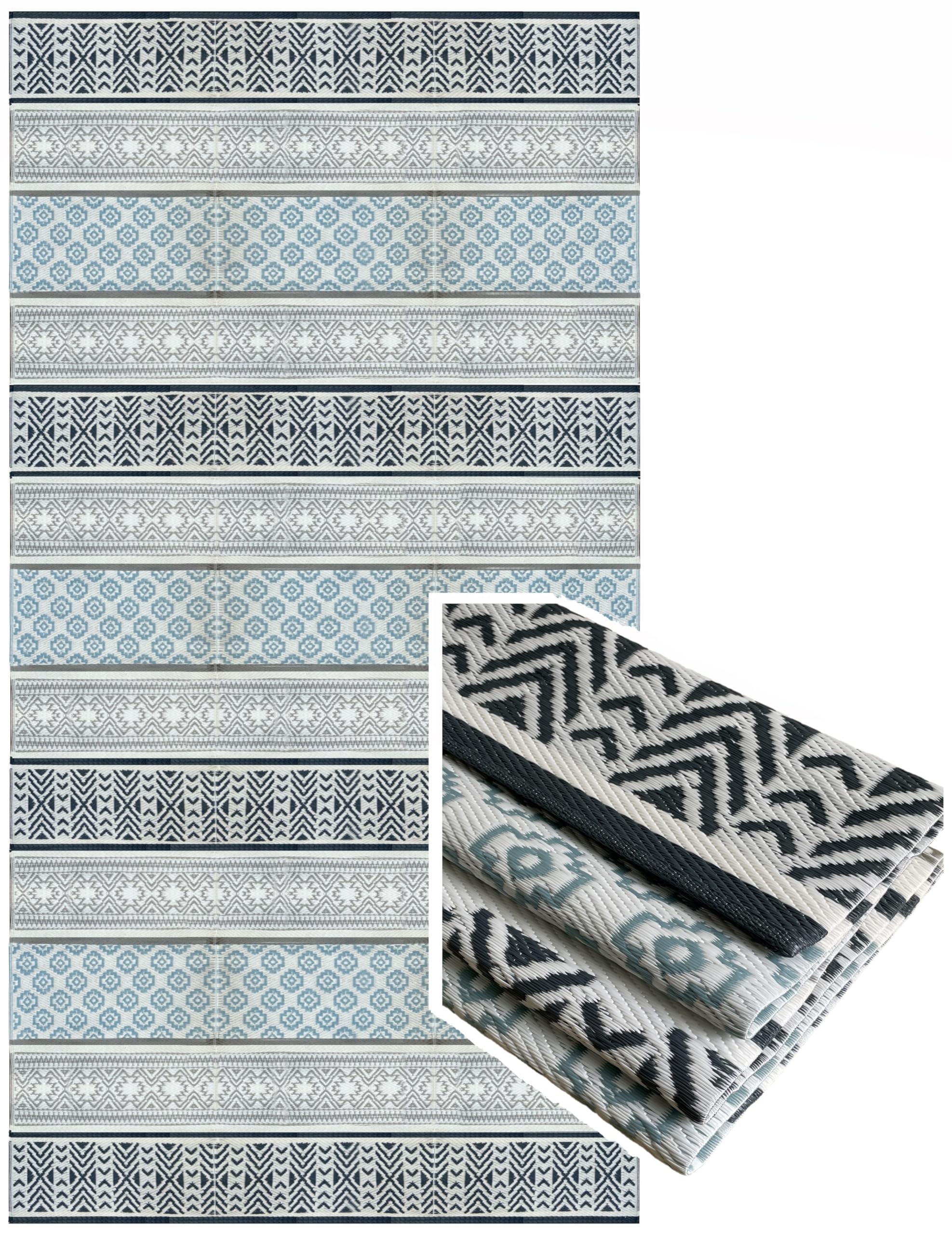 BalajeesUSA 9x18 Reversible Outdoor Rug - Waterproof Recycled Plastic Straw Patio Mat for RV, Camper, Deck, Poolside - Grey & Teal Design | Durable & Eco-Friendly