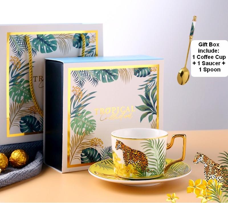 Premium Porcelain Coffee Cups with Gold Trim - Elegant Tea Cups and Saucers Set in Jungle Animal Design, Includes Gift Box for Perfect Gifting - Ideal for Home, Office, and Cafe Use