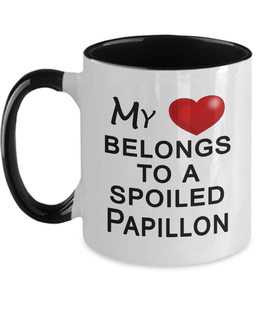 Papillon Coffee Mug - Dog Lover Gift for Handler, Owner, Mom & Dad - 'My Heart Belongs to a Spoiled Dog' Two-Toned Ceramic Cup - Perfect for Coffee, Tea & Hot Drinks at Home or Office