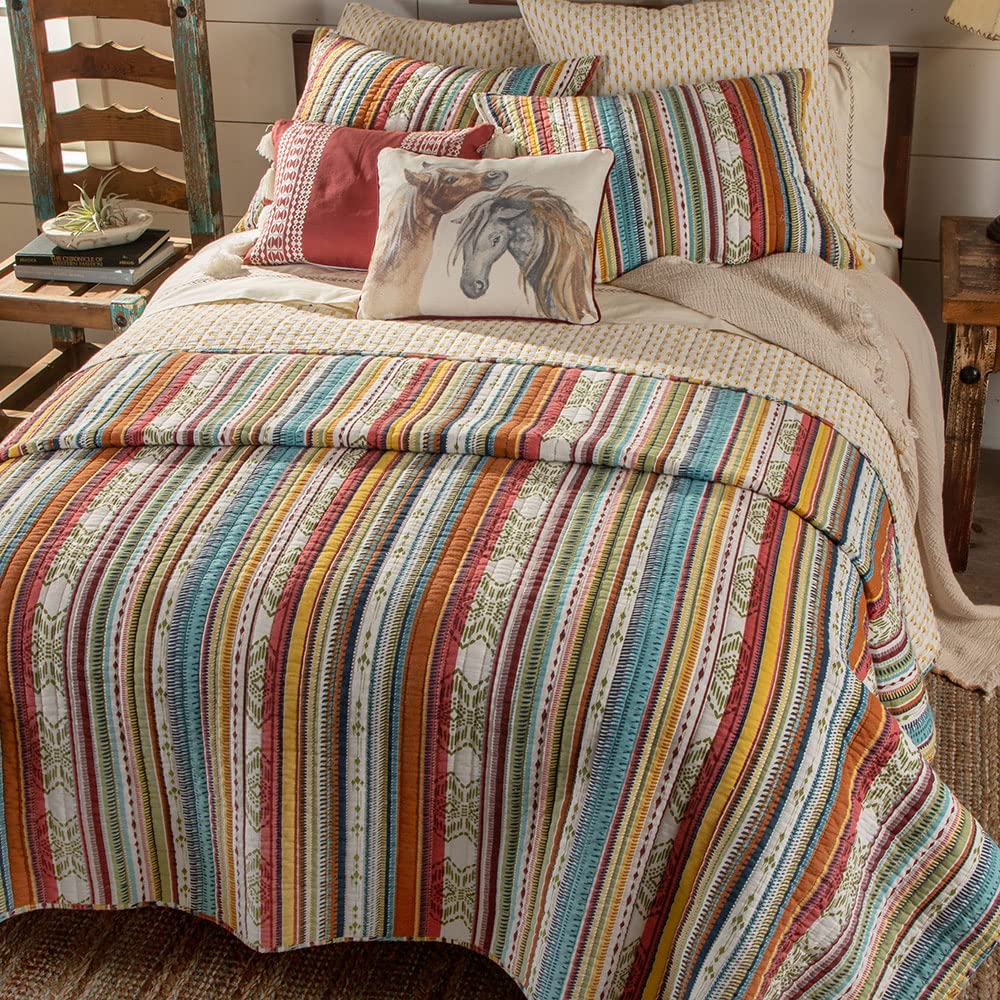 Wyeth Western Stripe Reversible Cotton Quilt - Full/Queen Size (88x92 Inches) - Red, Turquoise, Green, Orange, Yellow - Perfect for Bedroom, Guest Room & Cozy Farmhouse Decor
