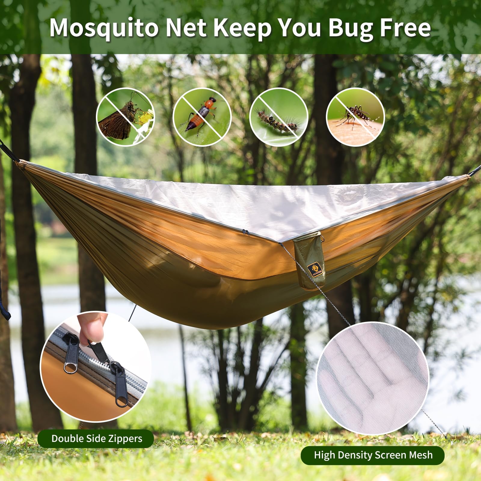 Portable Camping Hammock with Mosquito Net - Lightweight Nylon Parachute Hammock for Outdoor Adventures | Includes 10ft Tree Straps | Perfect for Travel, Hiking, Backpacking, Beach & Patio (Green & Khaki) | Great for Summer Camping, Backyard Relaxation & Wilderness Adventures